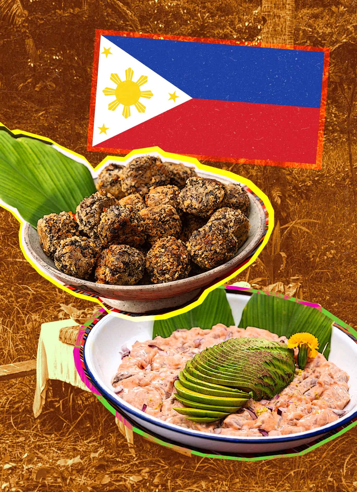 A table with traditional Filipino dishes, including a bowl of dark-coated meatballs and a dish of sliced avocado over a pink salad, set in front of a Philippine flag and an outdoor picnic scene.