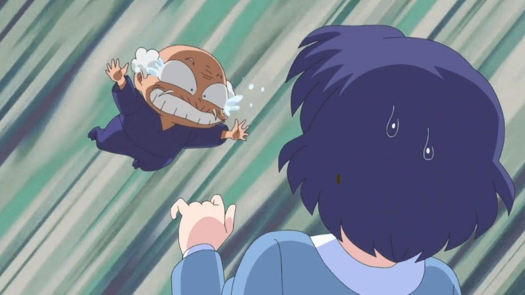 An animated scene shows an elderly man with glasses and tears streaming from his eyes flying dramatically towards a person with short dark hair, who appears surprised with sweat drops on their head.