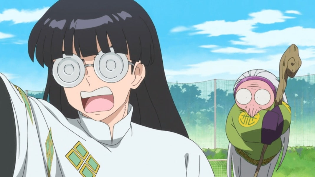 An anime character with long black hair and round, shining glasses yells with an arm raised. In the background, an elderly character with a cane and shocked expression stands on grass under a blue sky.
