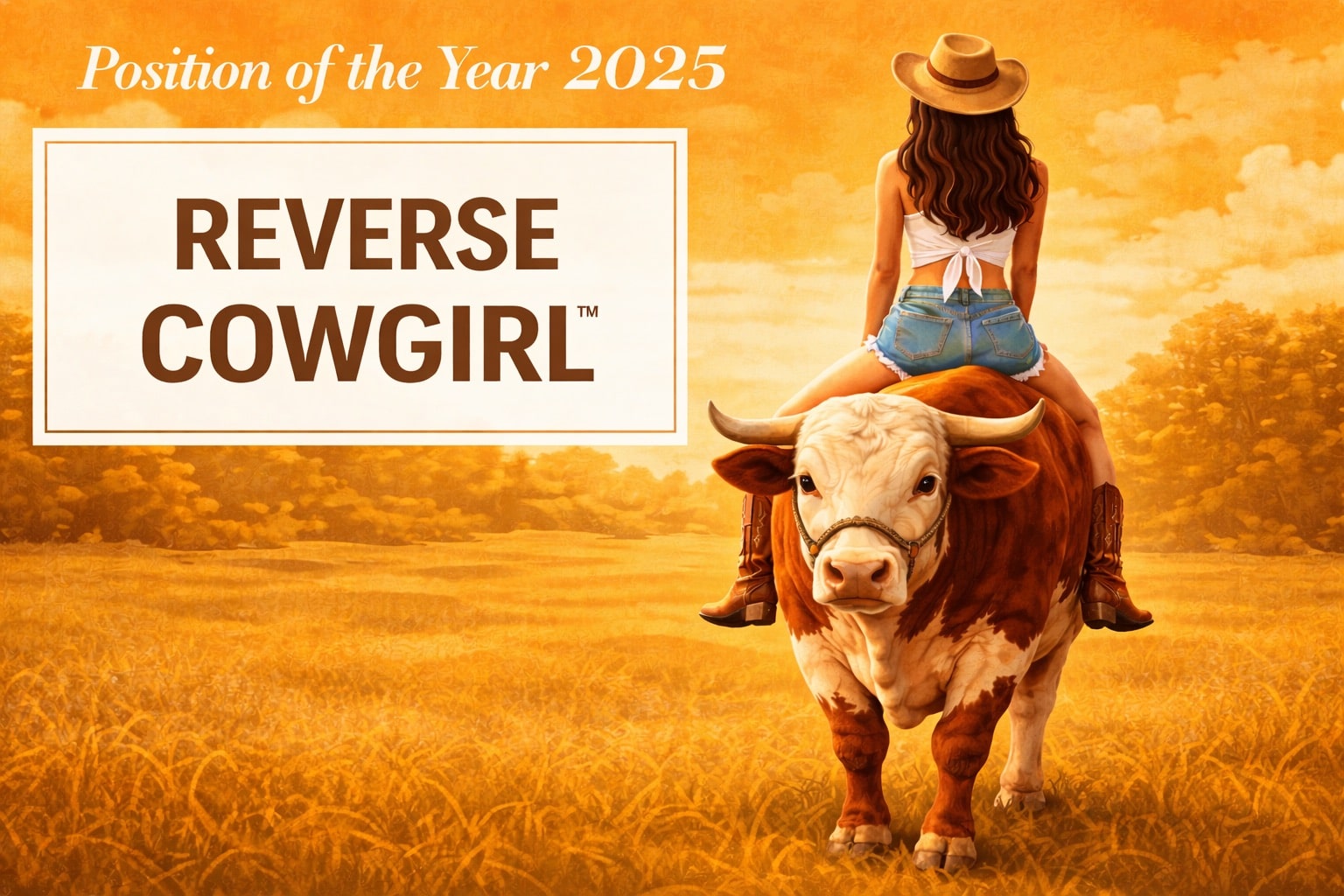 A woman in a hat and denim shorts sits backwards on a bull in a sunny field. Text reads Position of the Year 2025 and REVERSE COWGIRL.