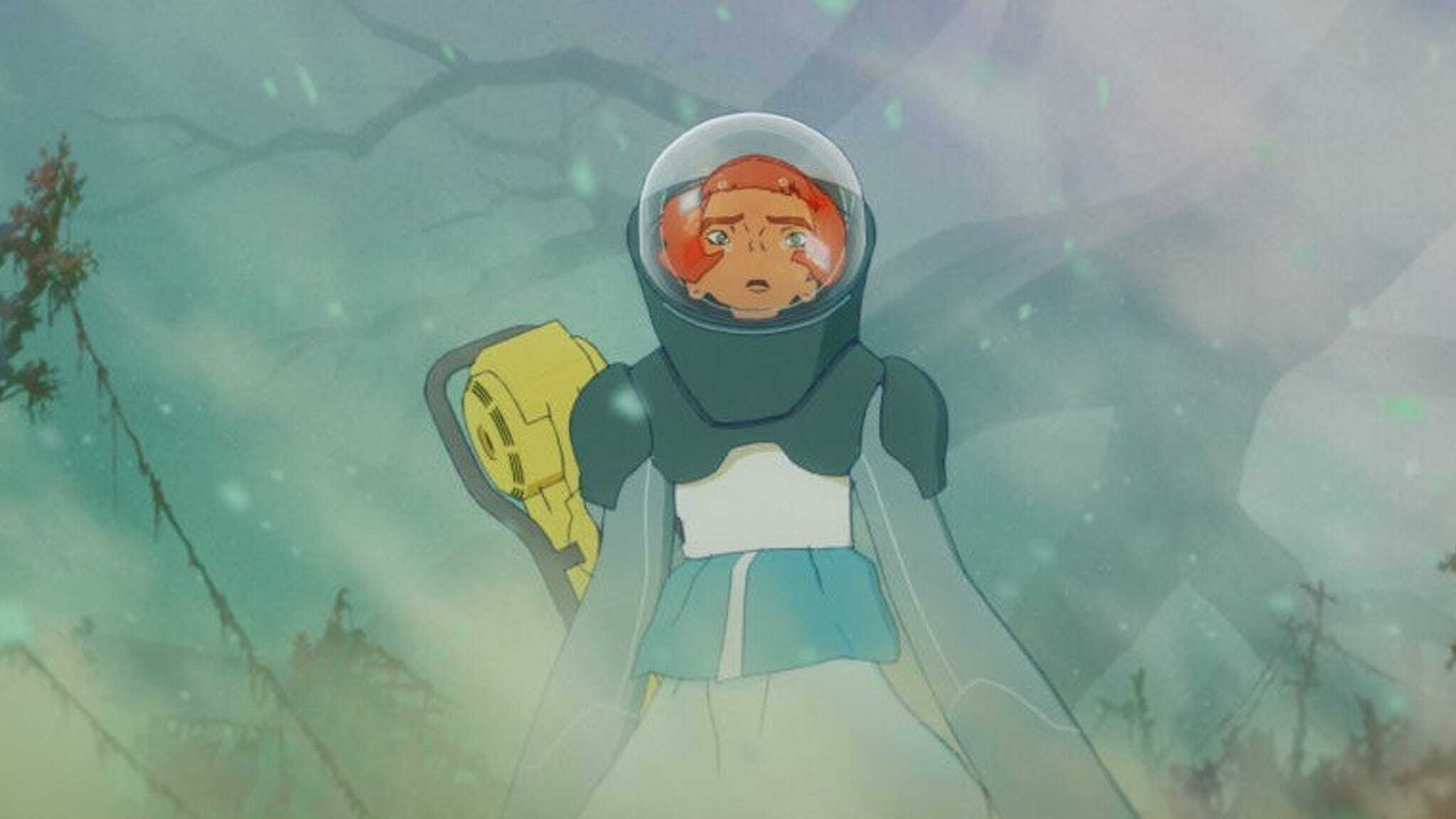 An animated character in a futuristic spacesuit with an orange helmet stands in a misty, greenish environment, looking concerned. The character has red hair and carries a yellow device on their back.
