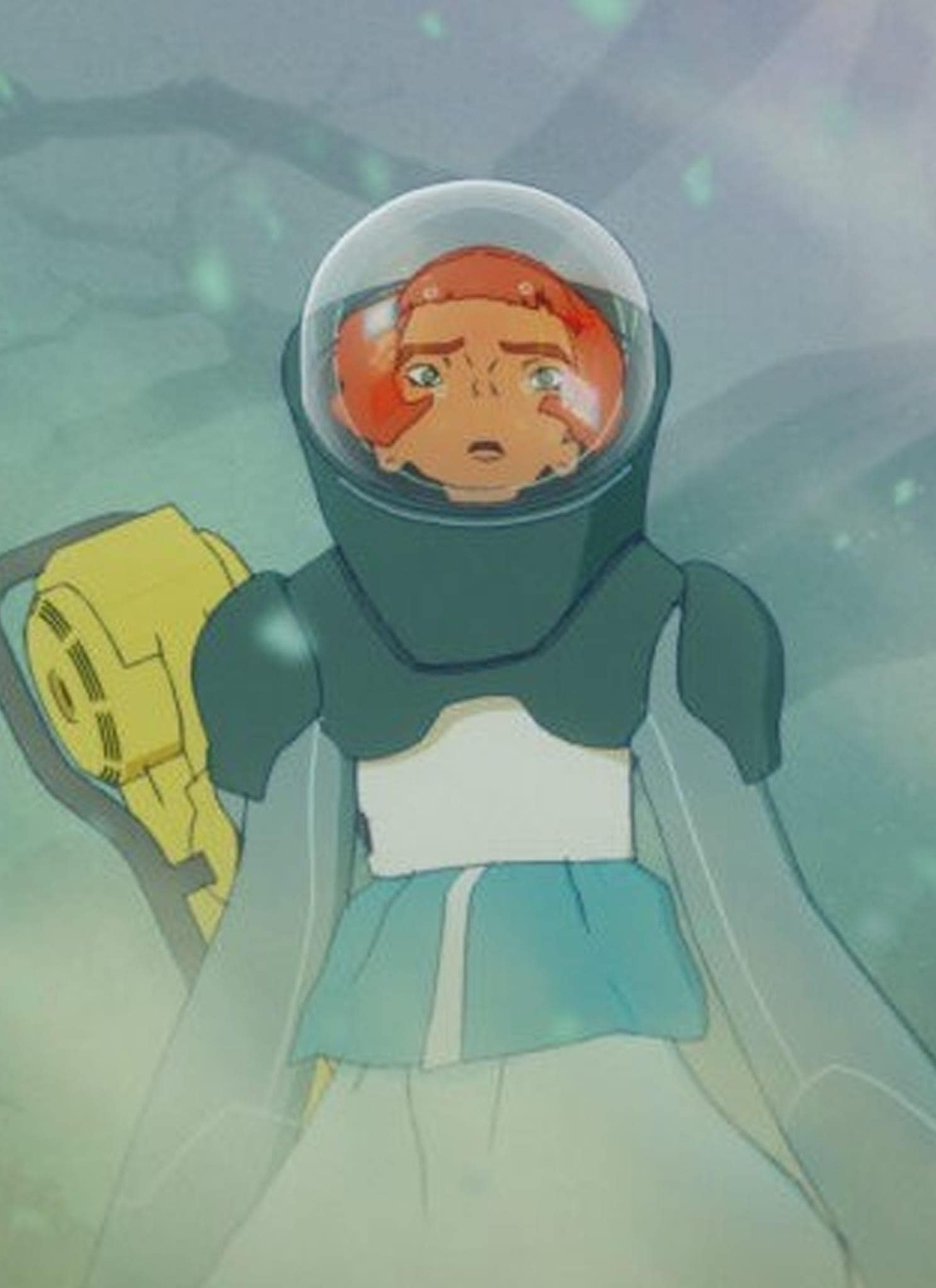 An animated character in a futuristic spacesuit with an orange helmet stands in a misty, greenish environment, looking concerned. The character has red hair and carries a yellow device on their back.