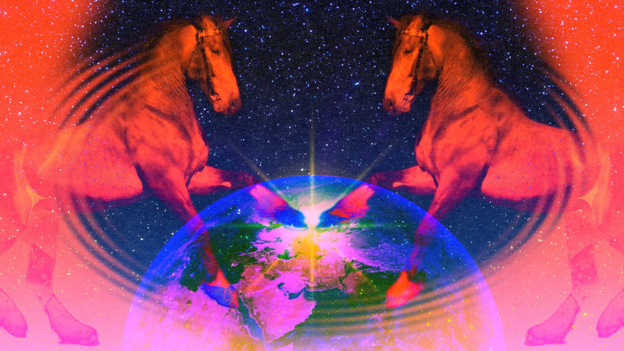 Two mirrored, glowing reddish horses stand on their hind legs above a vibrant Earth, set against a starry space background with radiating rings and a surreal, psychedelic color scheme.