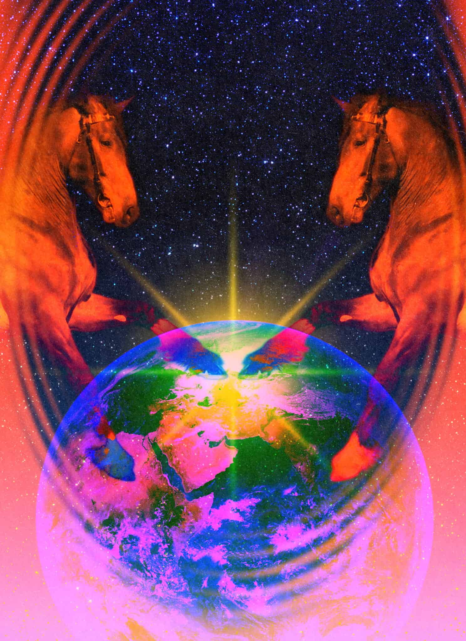 Two mirrored, glowing reddish horses stand on their hind legs above a vibrant Earth, set against a starry space background with radiating rings and a surreal, psychedelic color scheme.