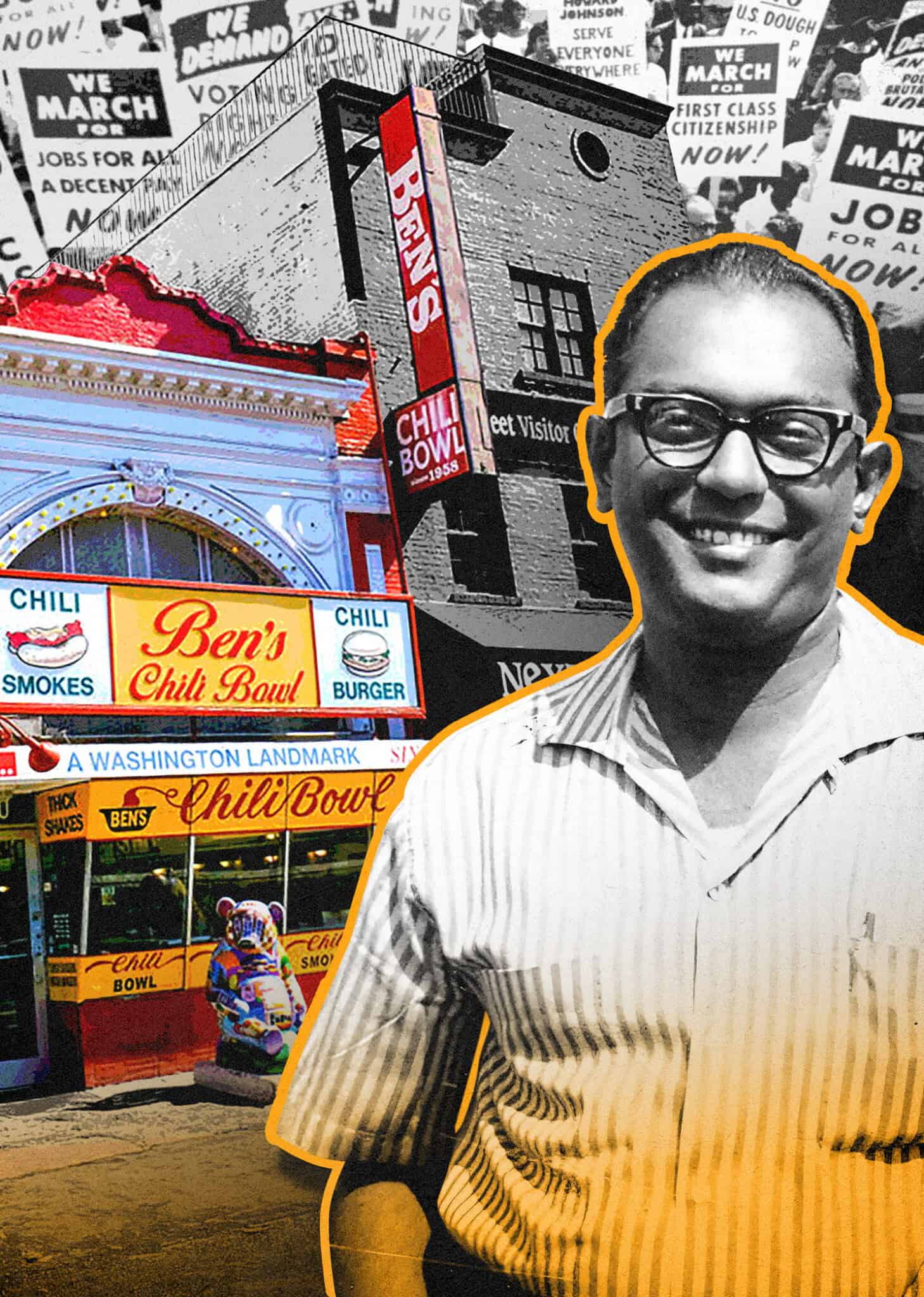 A smiling man stands in front of Ben’s Chili Bowl, a historic red-and-white restaurant, with black-and-white civil rights protest scenes in the background. The image is vibrant and highlights community and history.