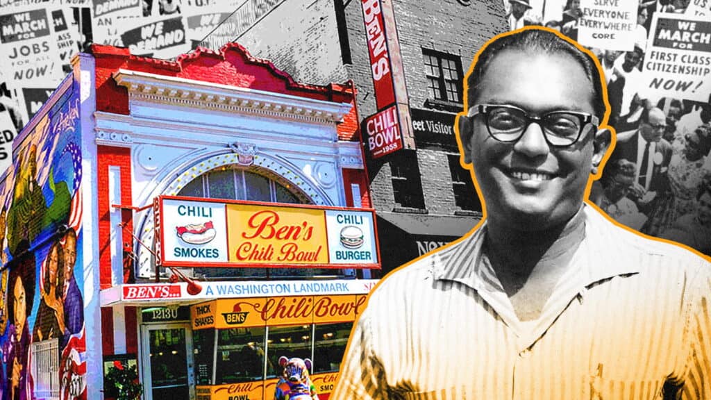 A smiling man stands in front of Ben’s Chili Bowl, a historic red-and-white restaurant, with black-and-white civil rights protest scenes in the background. The image is vibrant and highlights community and history.