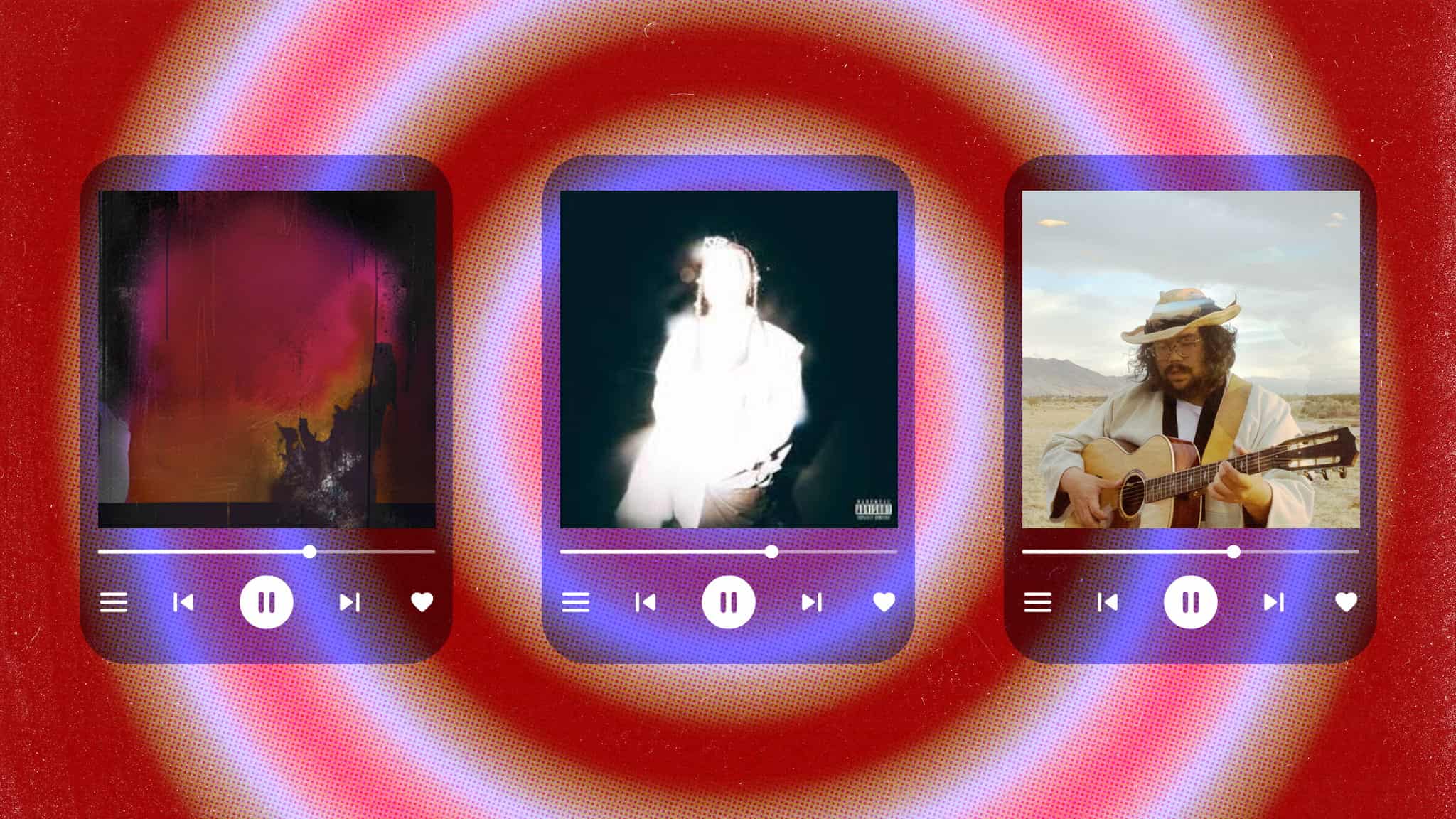 Three music player screens are shown side by side against a red background with concentric circles. Each screen displays a different album cover and playback icons, including play, pause, and heart buttons.