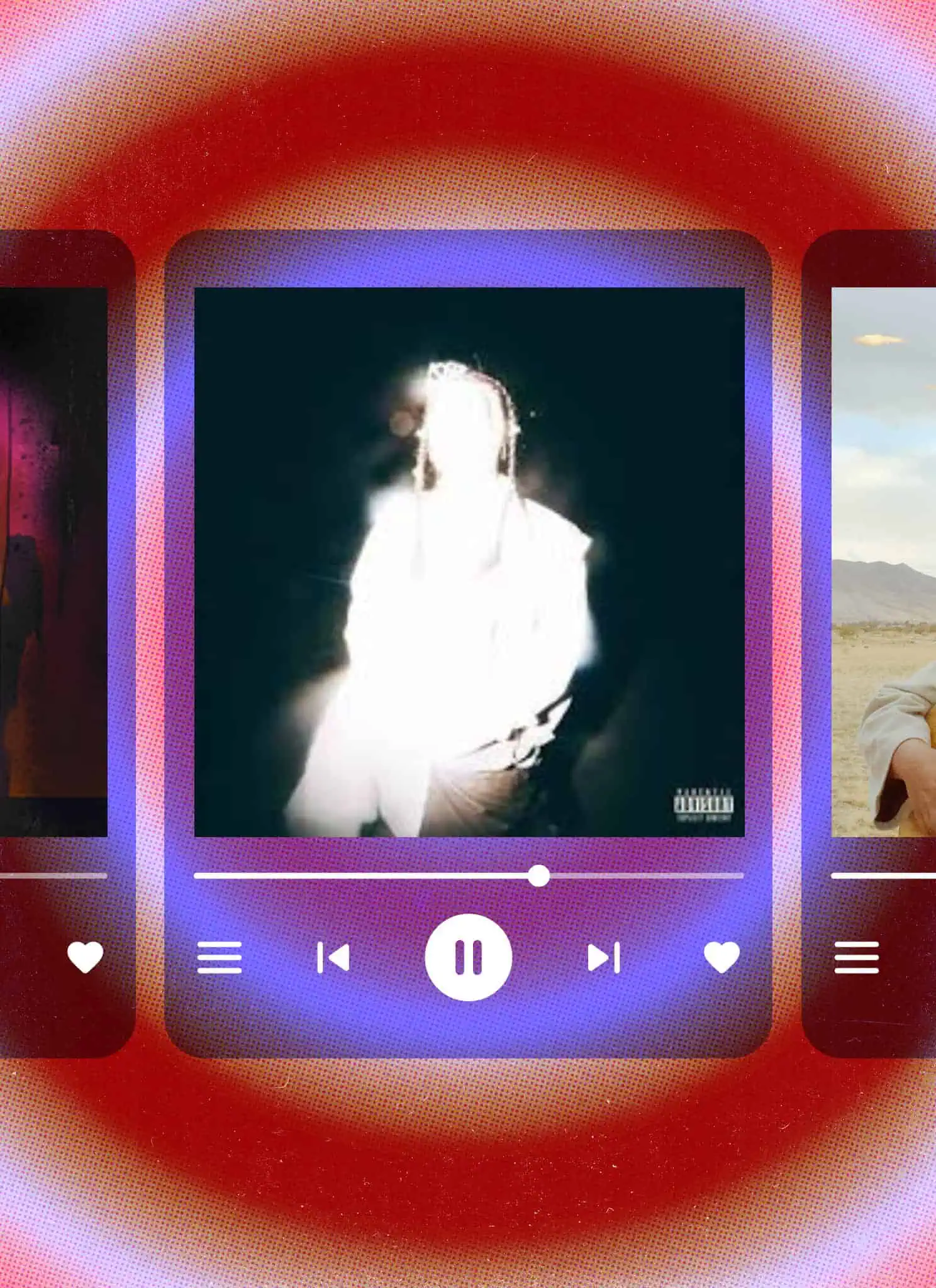 Three music player screens are shown side by side against a red background with concentric circles. Each screen displays a different album cover and playback icons, including play, pause, and heart buttons.
