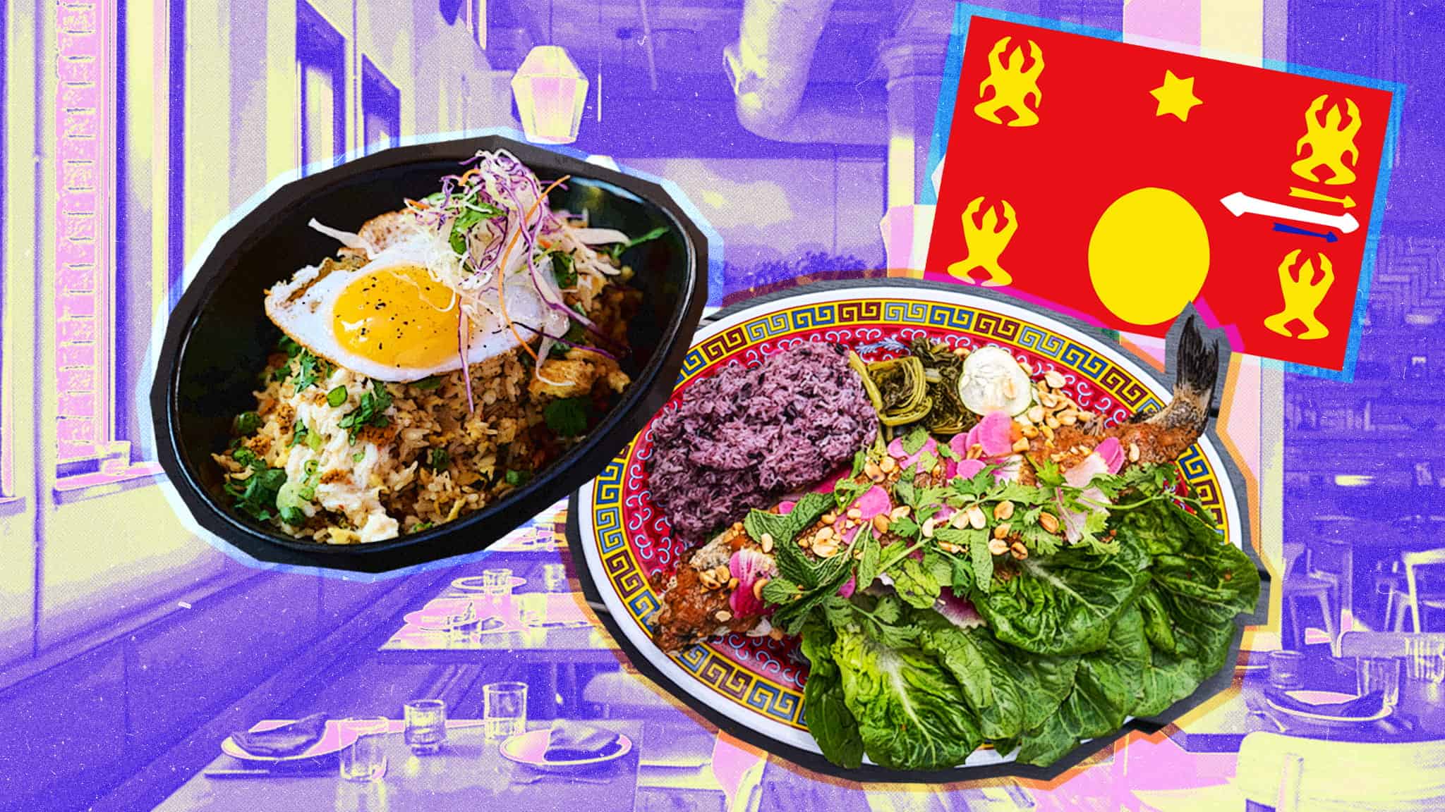 Two plates of vibrant Asian dishes, one with rice, a fried egg, and vegetables, the other with lettuce, purple rice, and various toppings, are set against a colorful, stylized restaurant background with a decorative flag.