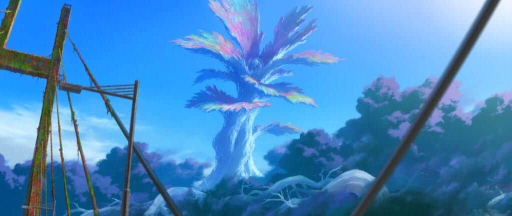 A large, mystical tree with iridescent leaves stands out against a bright blue sky, surrounded by foliage. Colorful ropes and part of a wooden structure appear on the left side of the image.