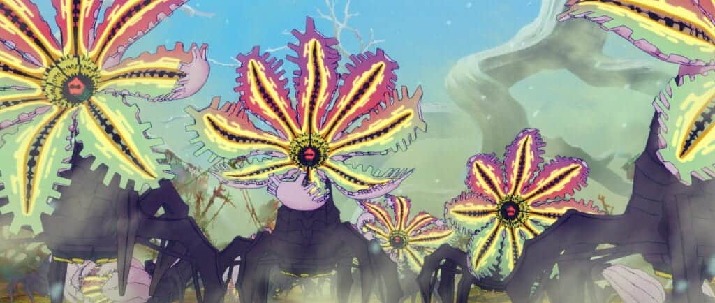 A group of large, colorful, animated flowers with jagged petals and black spider-like legs stand in a surreal, foggy landscape beneath a blue sky.