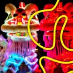 Two brightly lit lion dance costumes, one glowing blue and the other red, stand side by side at night. Yellow curved lines overlay part of the image, adding a decorative element.