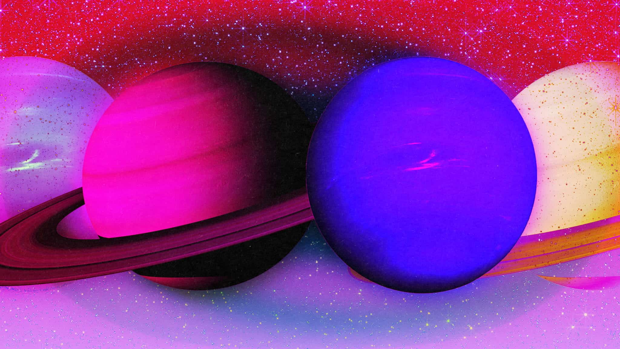 A vibrant, surreal illustration of multicolored planets with rings against a star-filled, pink and red sky, evoking a fantastical outer space scene.