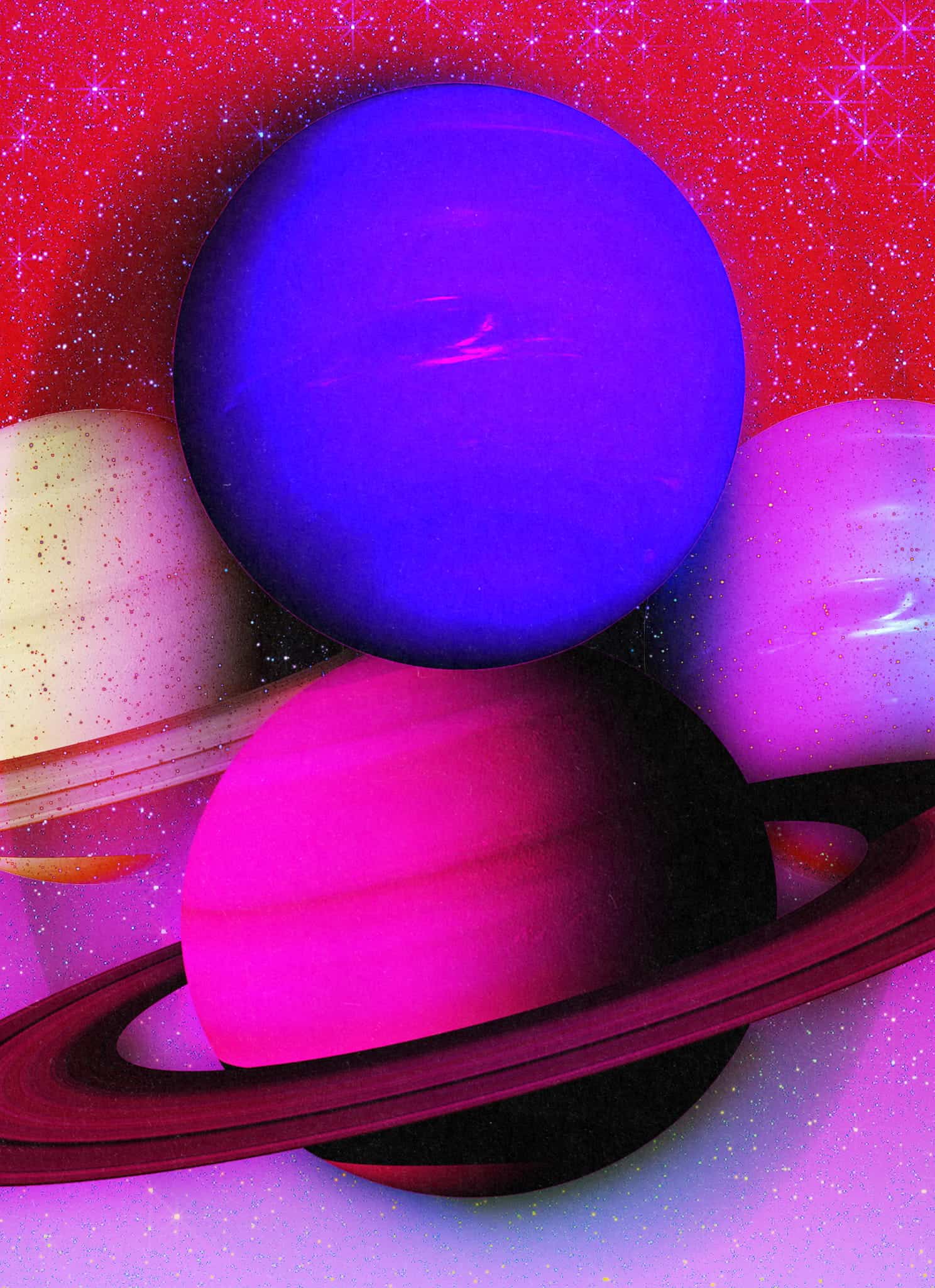 A vibrant, surreal illustration of multicolored planets with rings against a star-filled, pink and red sky, evoking a fantastical outer space scene.