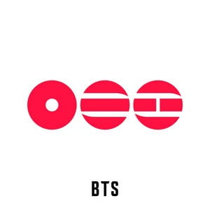 Three stylized red circles with geometric cutouts forming abstract shapes, placed side by side on a white background. The letters BTS are written in black below the circles.
