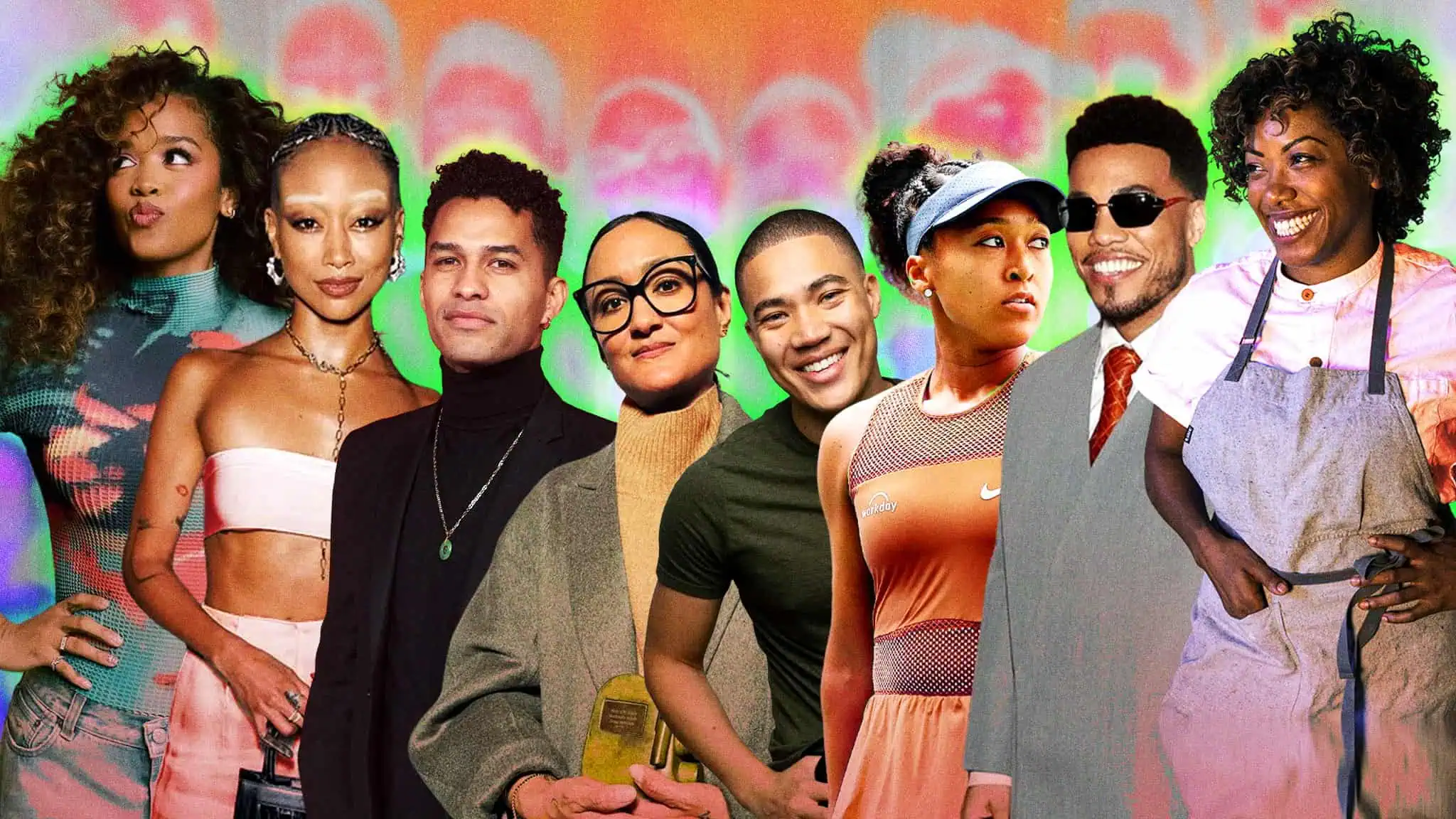 A diverse group of seven stylish young adults stand together, smiling and posing against a colorful, abstract background. They wear a mix of trendy and casual clothing, showcasing unique hairstyles and accessories.