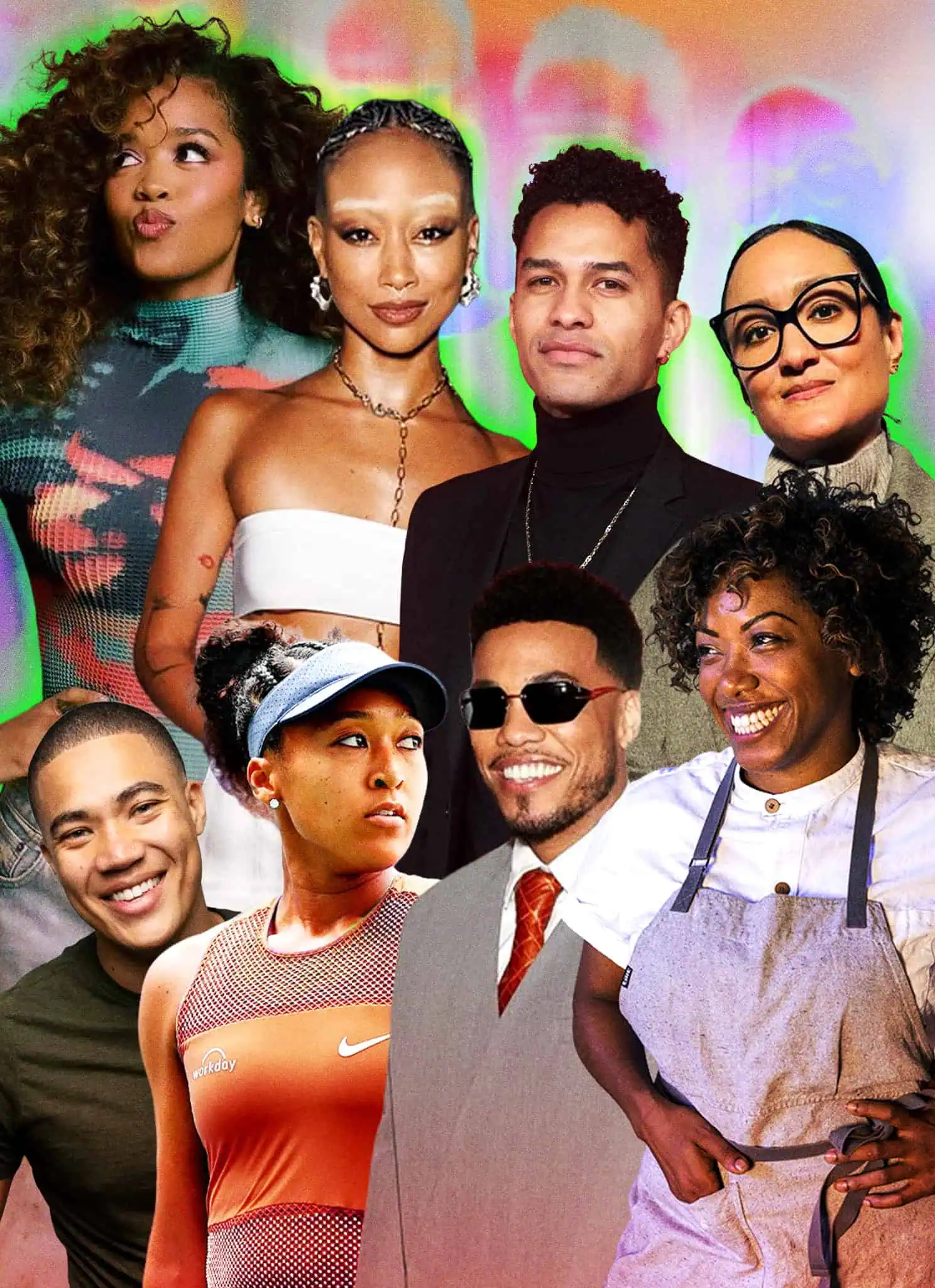 A diverse group of seven stylish young adults stand together, smiling and posing against a colorful, abstract background. They wear a mix of trendy and casual clothing, showcasing unique hairstyles and accessories.