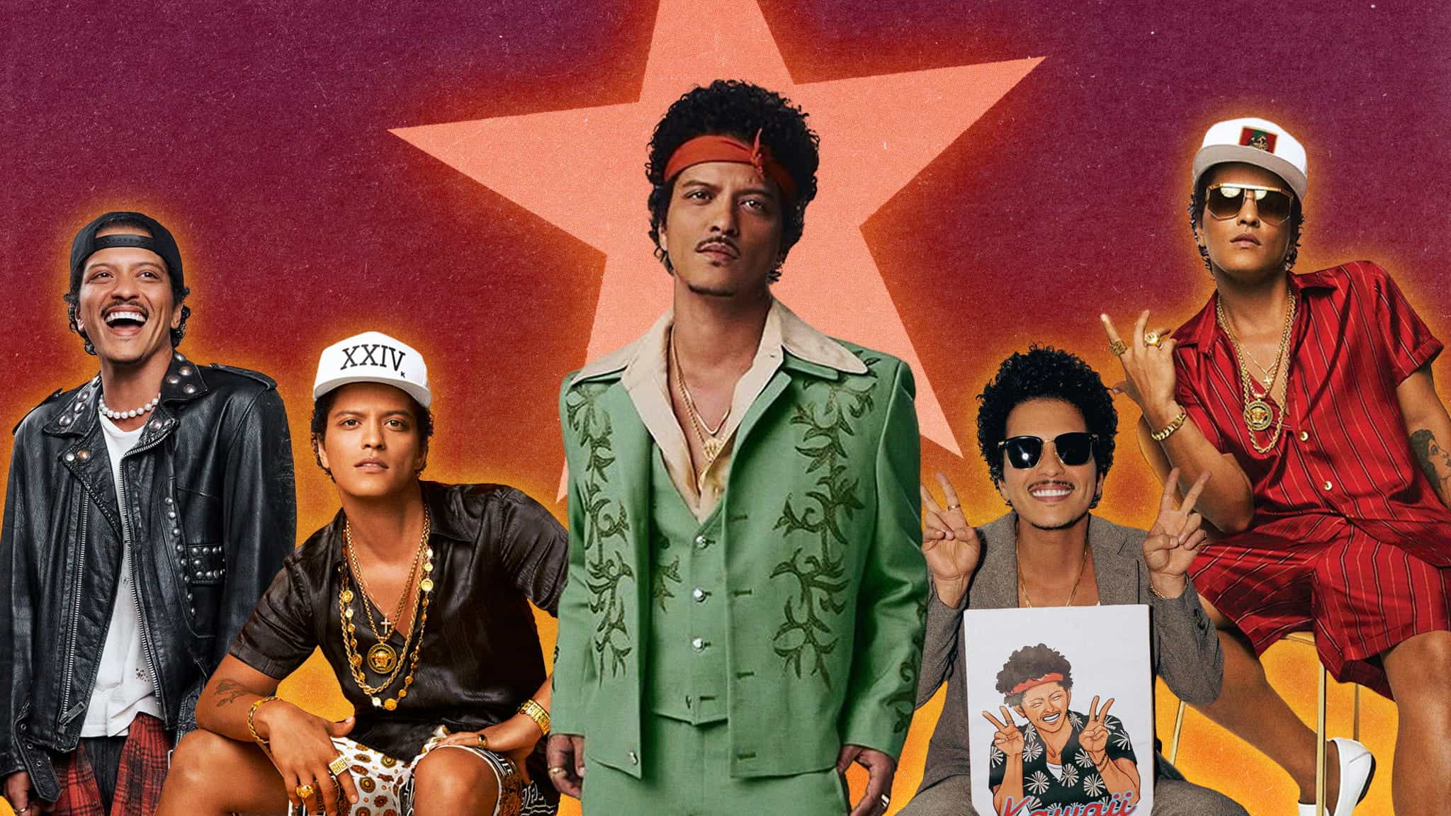 A collage of a man in five different colorful outfits, including a green suit, a red shirt, and a leather jacket, set against a starry, orange-toned background. He poses with various facial expressions and accessories.