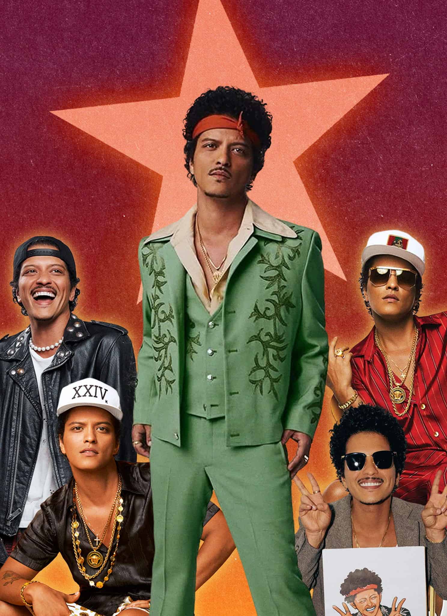 A collage of a man in five different colorful outfits, including a green suit, a red shirt, and a leather jacket, set against a starry, orange-toned background. He poses with various facial expressions and accessories.