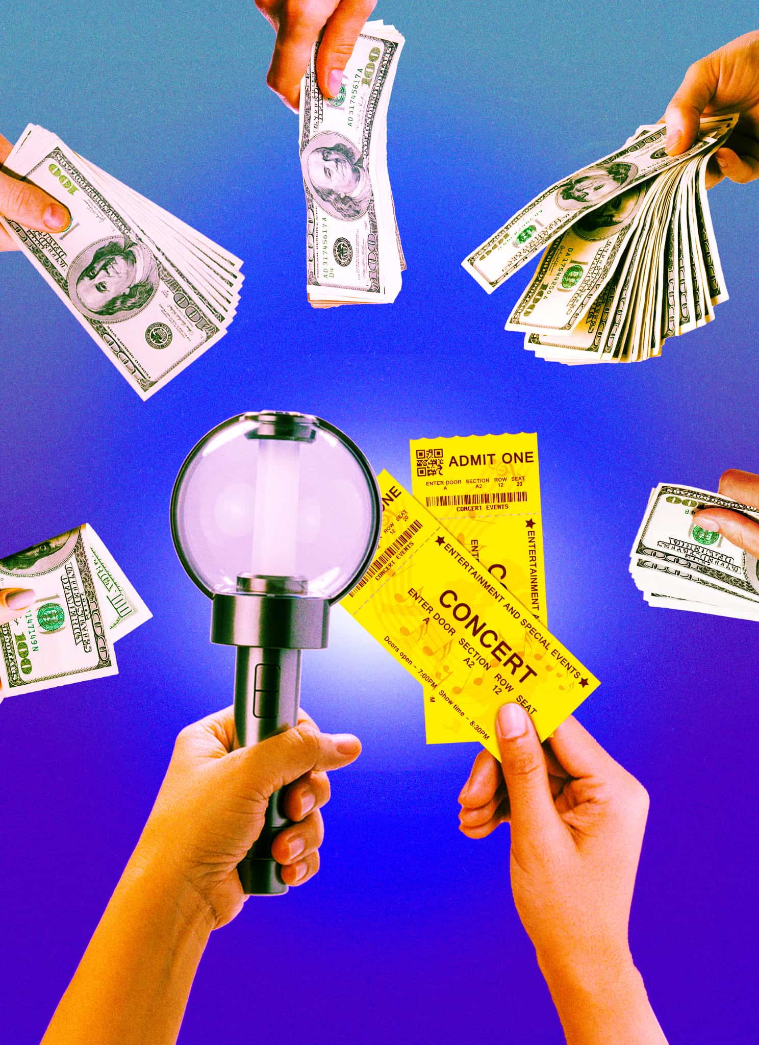 A large light stick and two concert tickets are held in the center, surrounded by several hands offering stacks of U.S. dollar bills against a blue-purple gradient background.