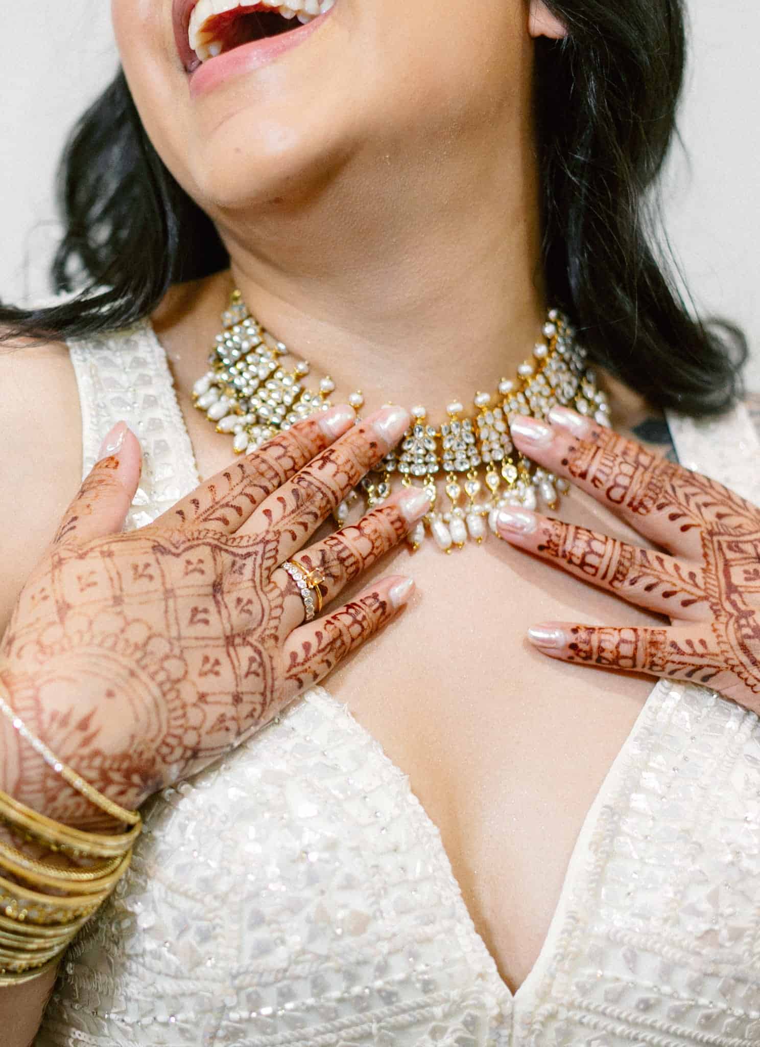 A woman wearing a jeweled necklace and gold bangles smiles, showing intricate henna designs on her hands. She is dressed in a white, embellished outfit.