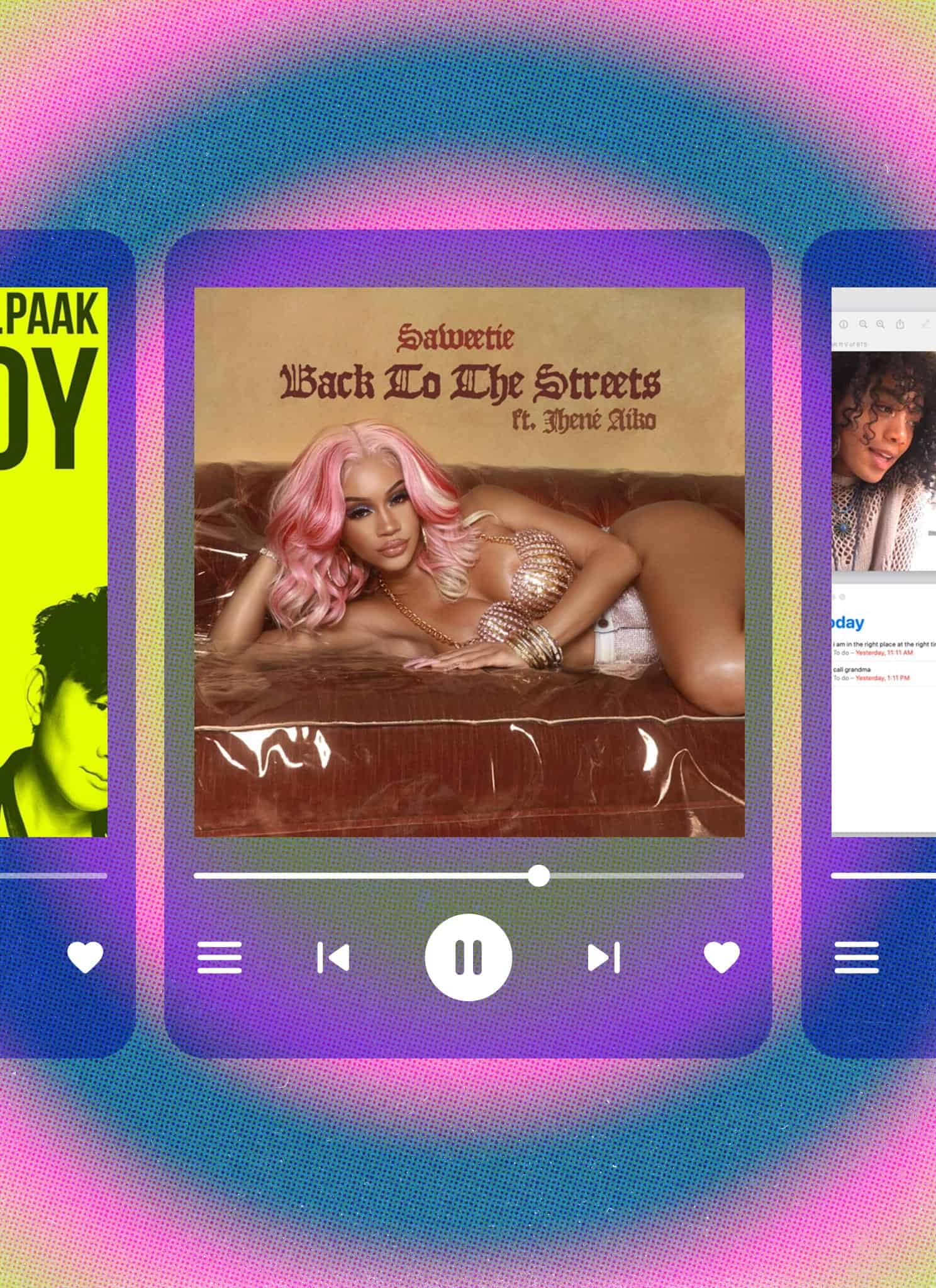 Three colorful music player interfaces on a rainbow background show different album covers: In the Joy by JLin feat. Anderson .Paak, Saweeties Back to the Streets, and a woman using a laptop.