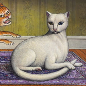 A white cat with one blue eye and one yellow eye lounges on a purple rug, while an orange tabby cat in the background appears to be hissing or growling at it. The scene is indoors with a green wallpapered wall.