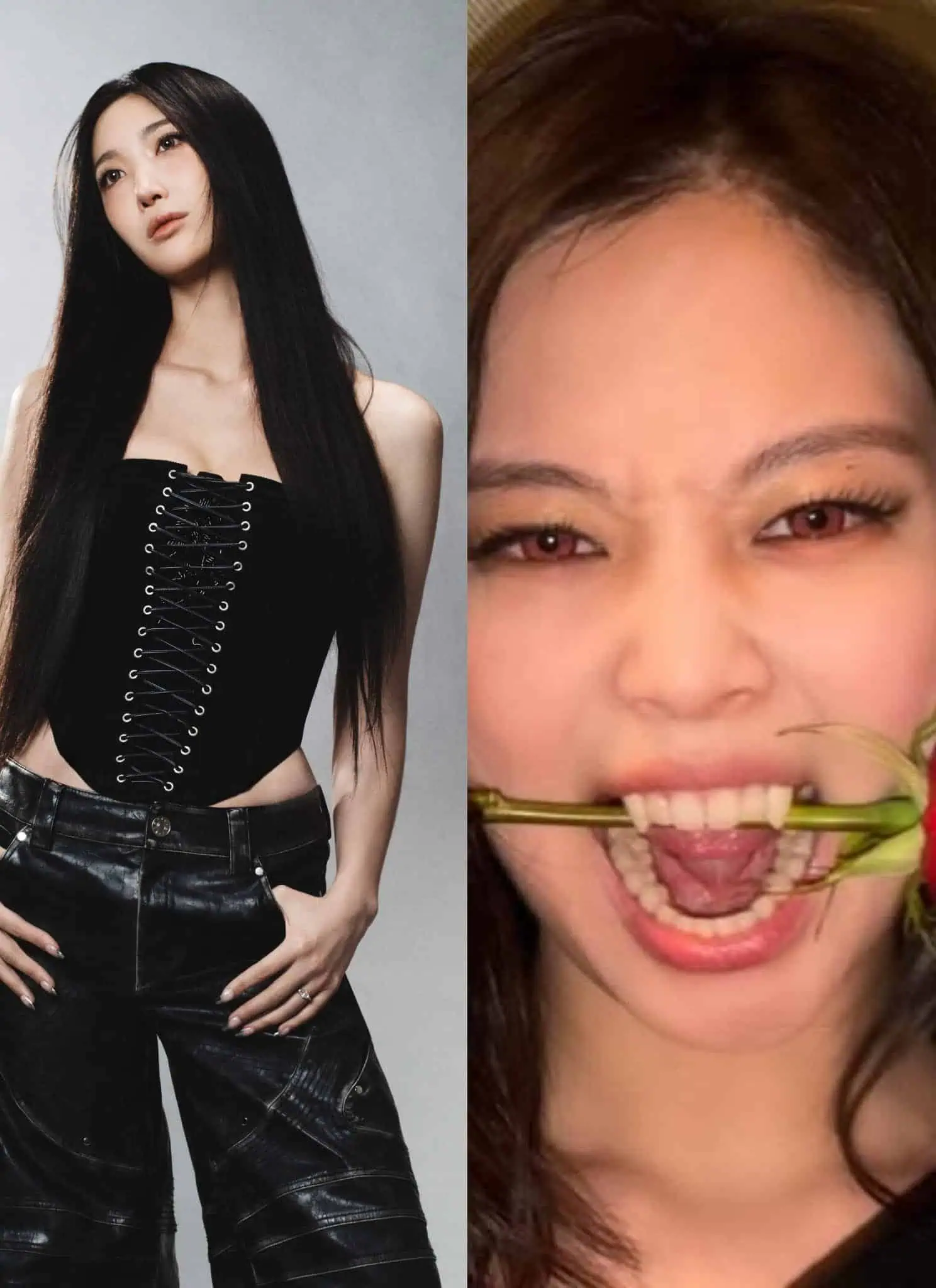 Side-by-side photos: On the left, a woman with long black hair in a black corset top and black pants poses confidently. On the right, a woman playfully bites a red rose, her dark hair loose and her eyes looking at the camera.