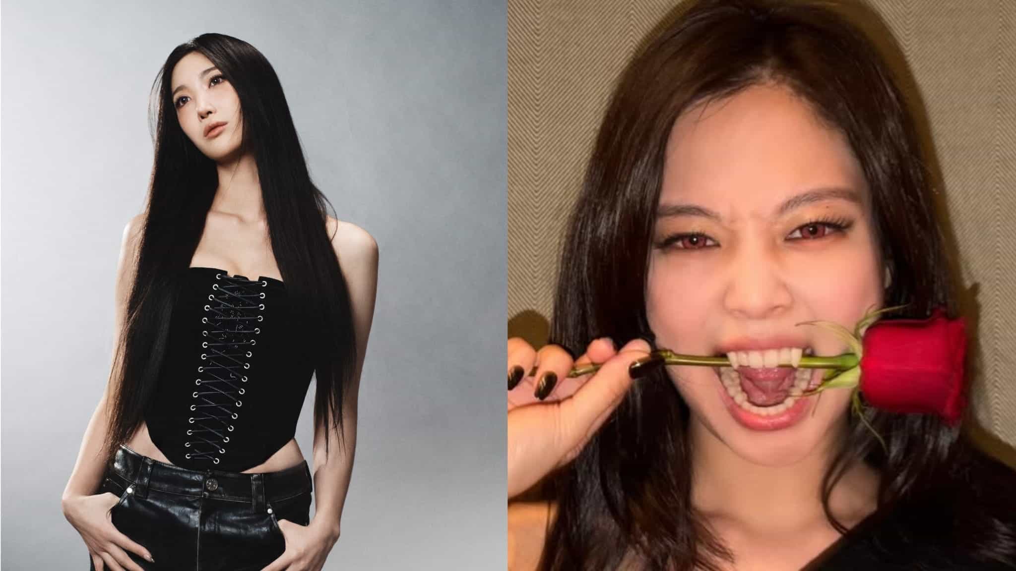 Side-by-side photos: On the left, a woman with long black hair in a black corset top and black pants poses confidently. On the right, a woman playfully bites a red rose, her dark hair loose and her eyes looking at the camera.