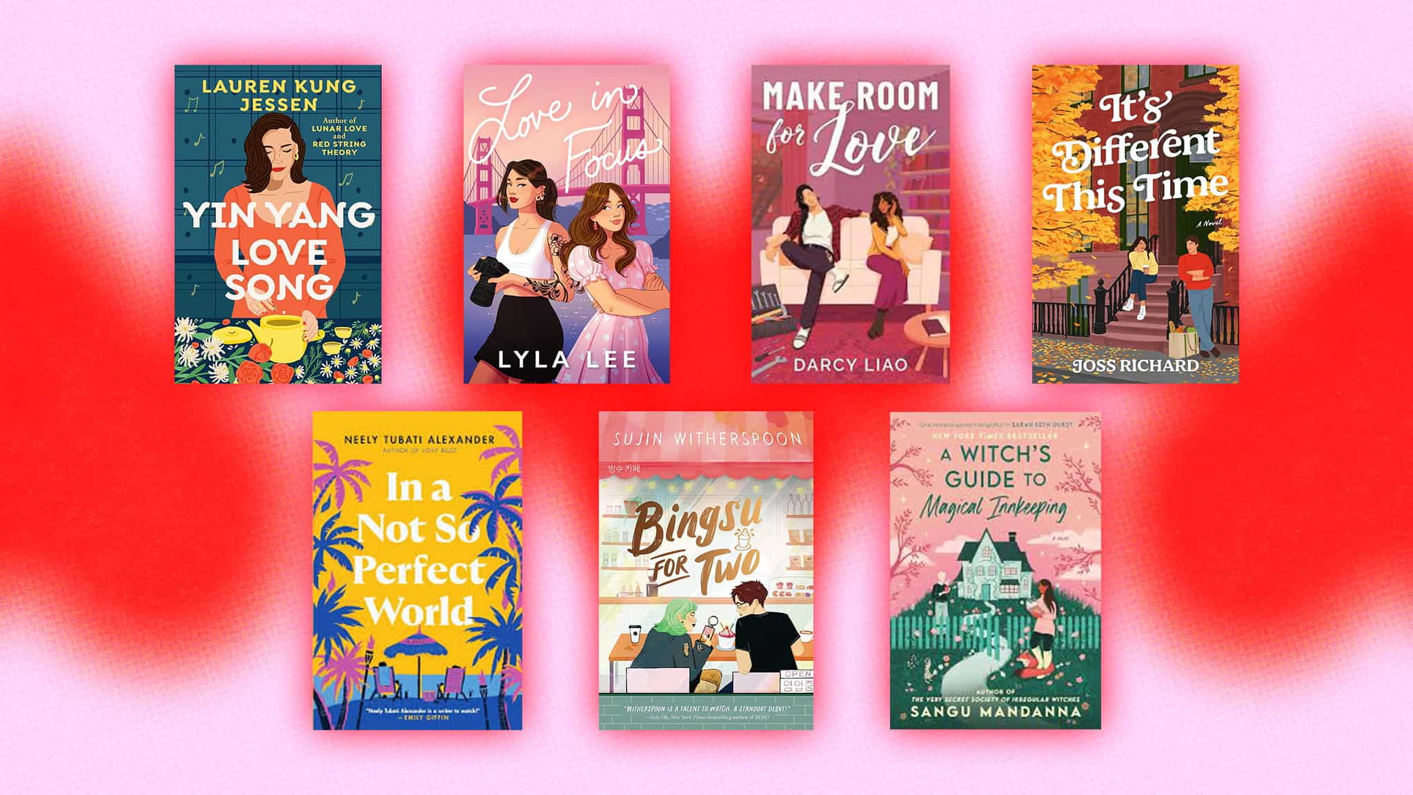 A group of books on a pink background.