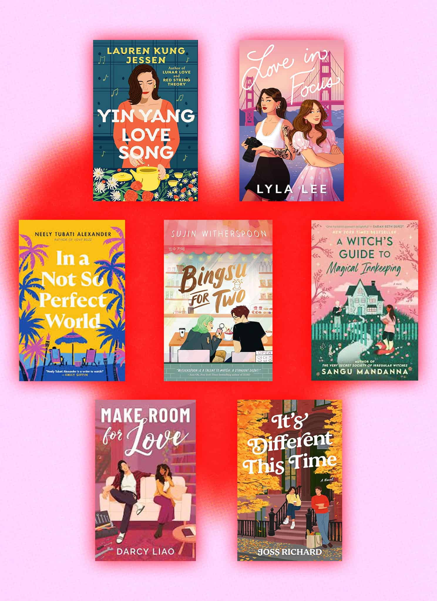 A group of books on a pink background.