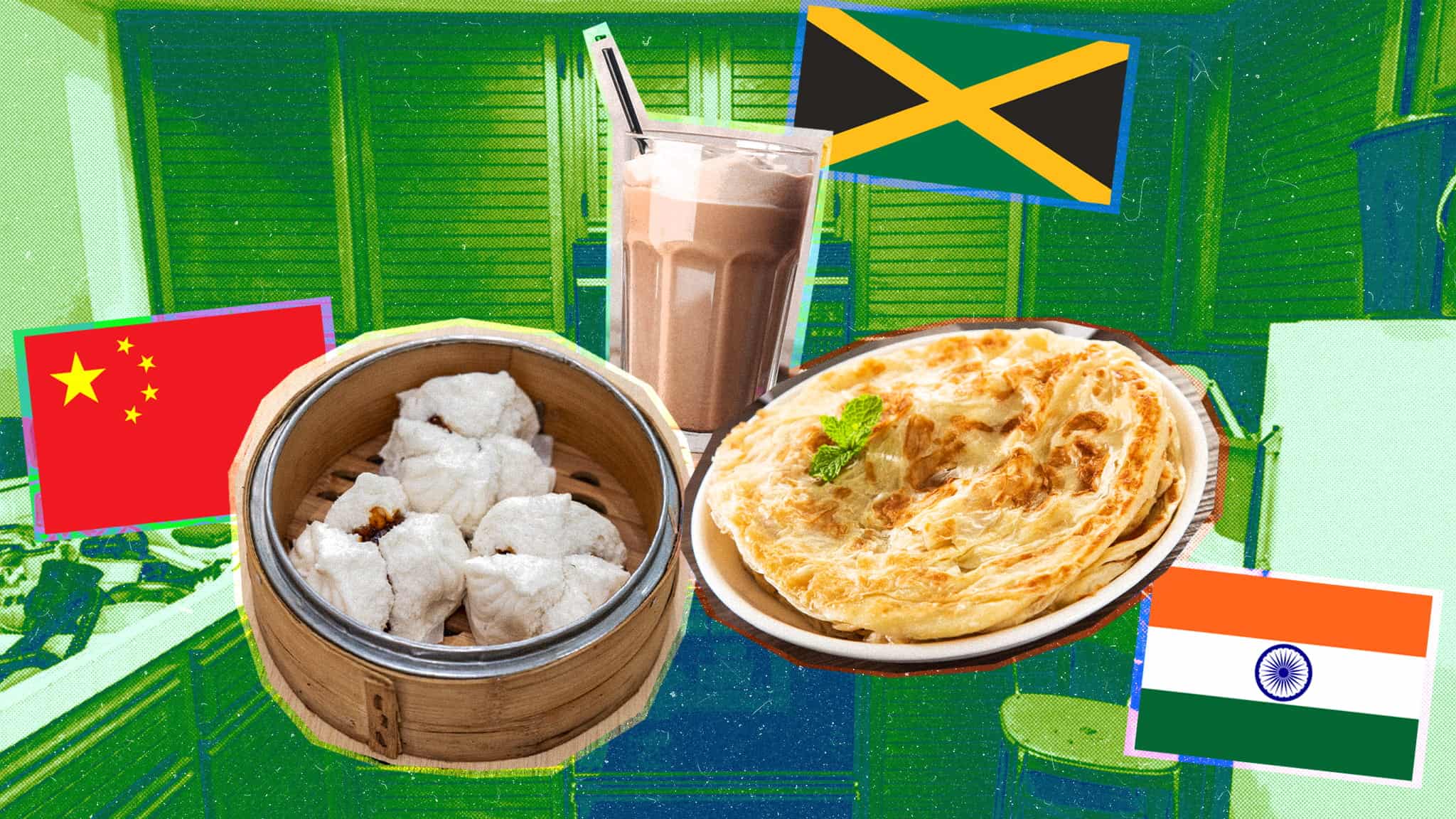 A collage shows Chinese steamed dumplings, a glass of milk tea, and Indian paratha, each with the flags of China, Jamaica, and India, set against a green kitchen background.