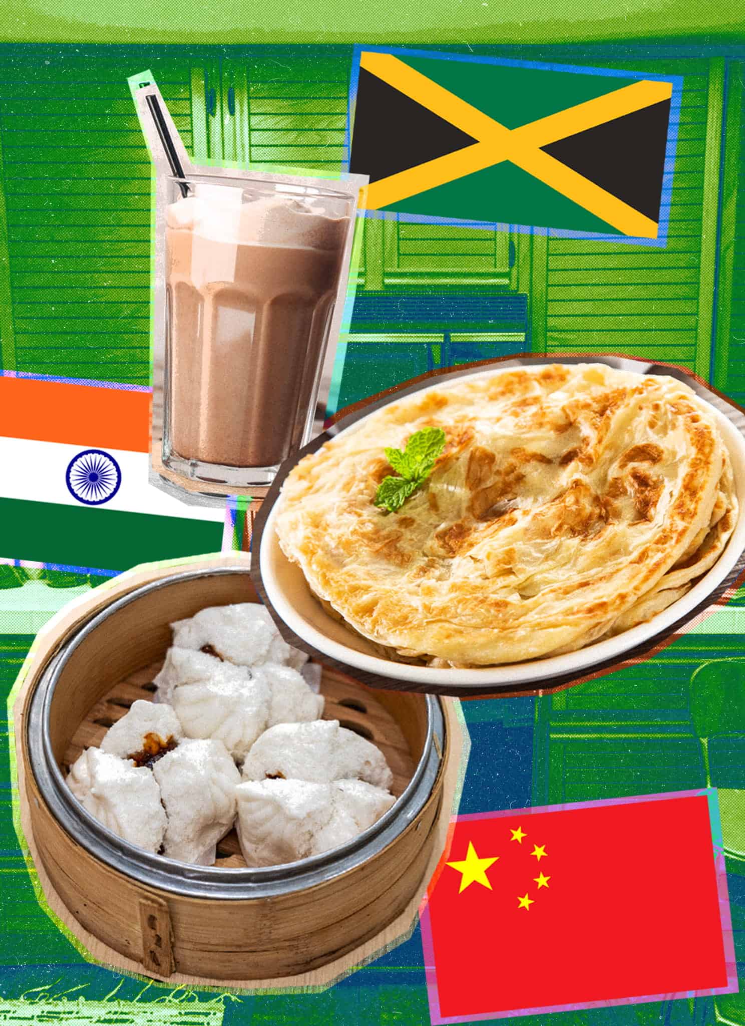 A collage shows Chinese steamed dumplings, a glass of milk tea, and Indian paratha, each with the flags of China, Jamaica, and India, set against a green kitchen background.
