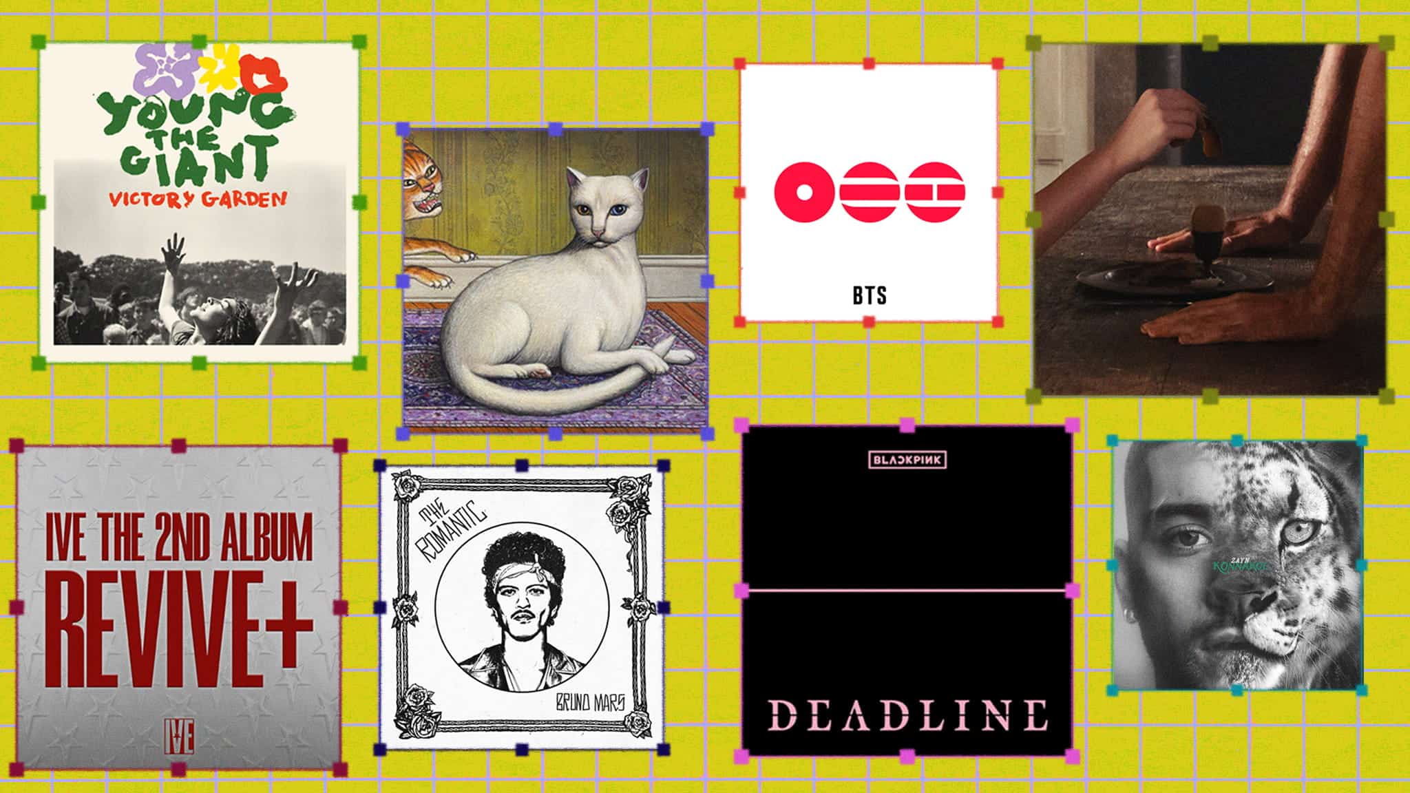 A collage of eight album covers by Asian and Asian American artists is arranged in two rows on a yellow grid background, featuring diverse designs including a cat, abstract shapes, portraits, and various band names and upcoming album releases.