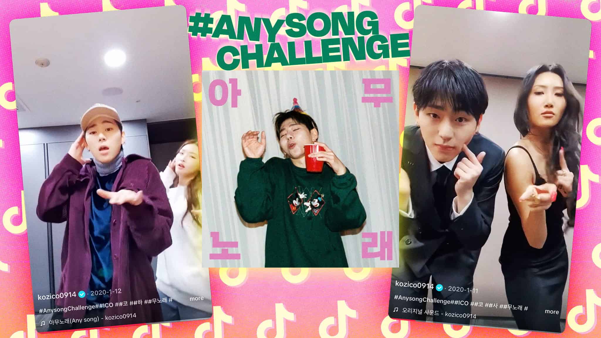 Three split-screen TikTok videos show people dancing to the #AnySongChallenge, with colorful music notes and the hashtag #AnySong Challenge displayed above them on a vibrant pink background.