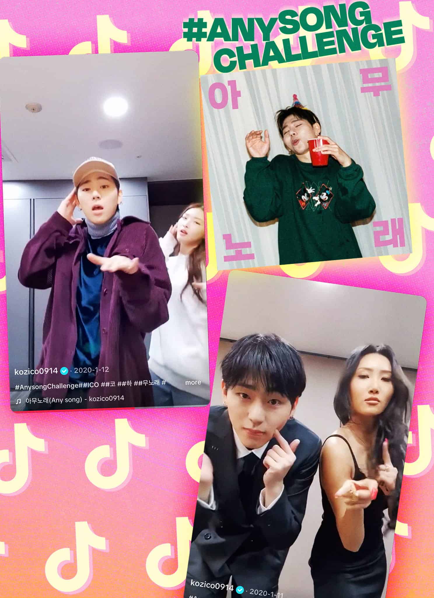Three split-screen TikTok videos show people dancing to the #AnySongChallenge, with colorful music notes and the hashtag #AnySong Challenge displayed above them on a vibrant pink background.