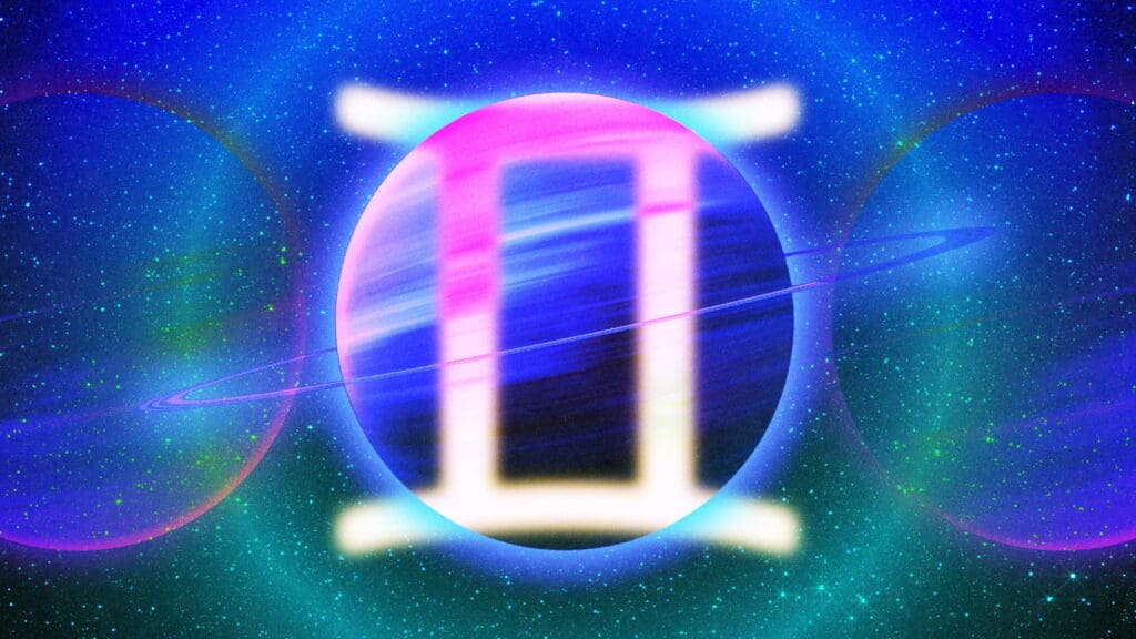 A glowing Gemini zodiac symbol appears over a colorful, ringed planet with a space background filled with stars and cosmic light.