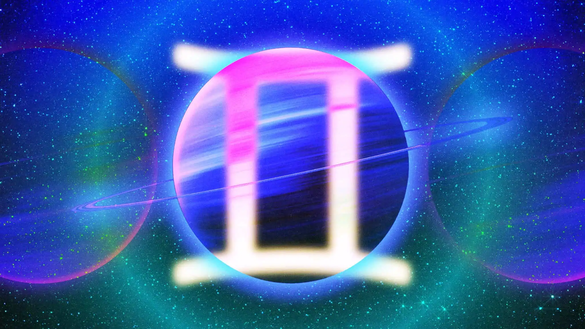 A glowing Gemini zodiac symbol appears over a colorful, ringed planet with a space background filled with stars and cosmic light.