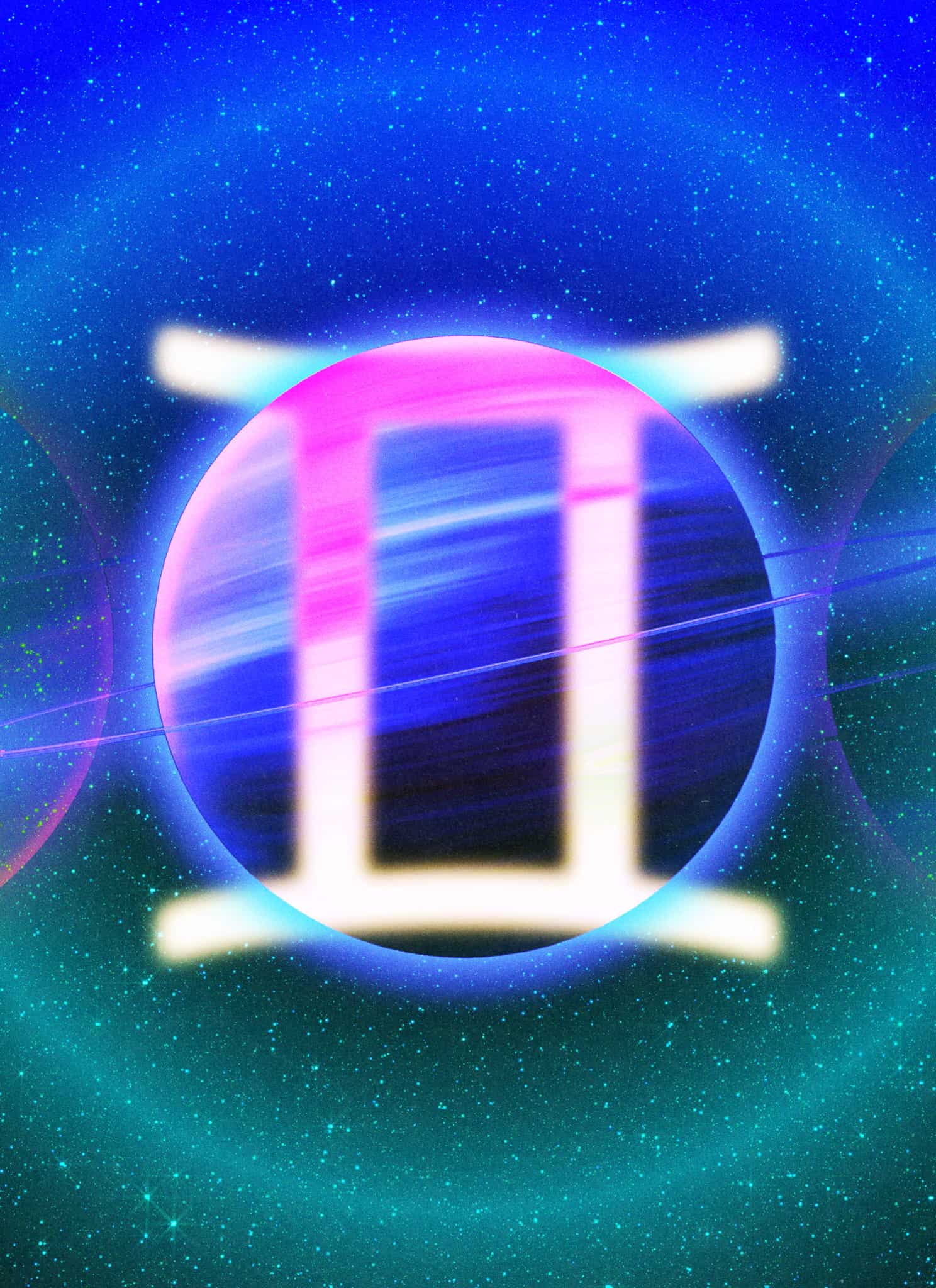 A glowing Gemini zodiac symbol appears over a colorful, ringed planet with a space background filled with stars and cosmic light.
