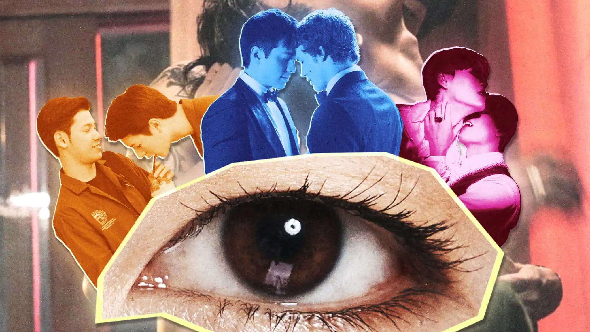 A close-up of a brown eye is centered, surrounded by tinted images of male couples in intimate or affectionate poses, with colors ranging from orange to blue and pink.