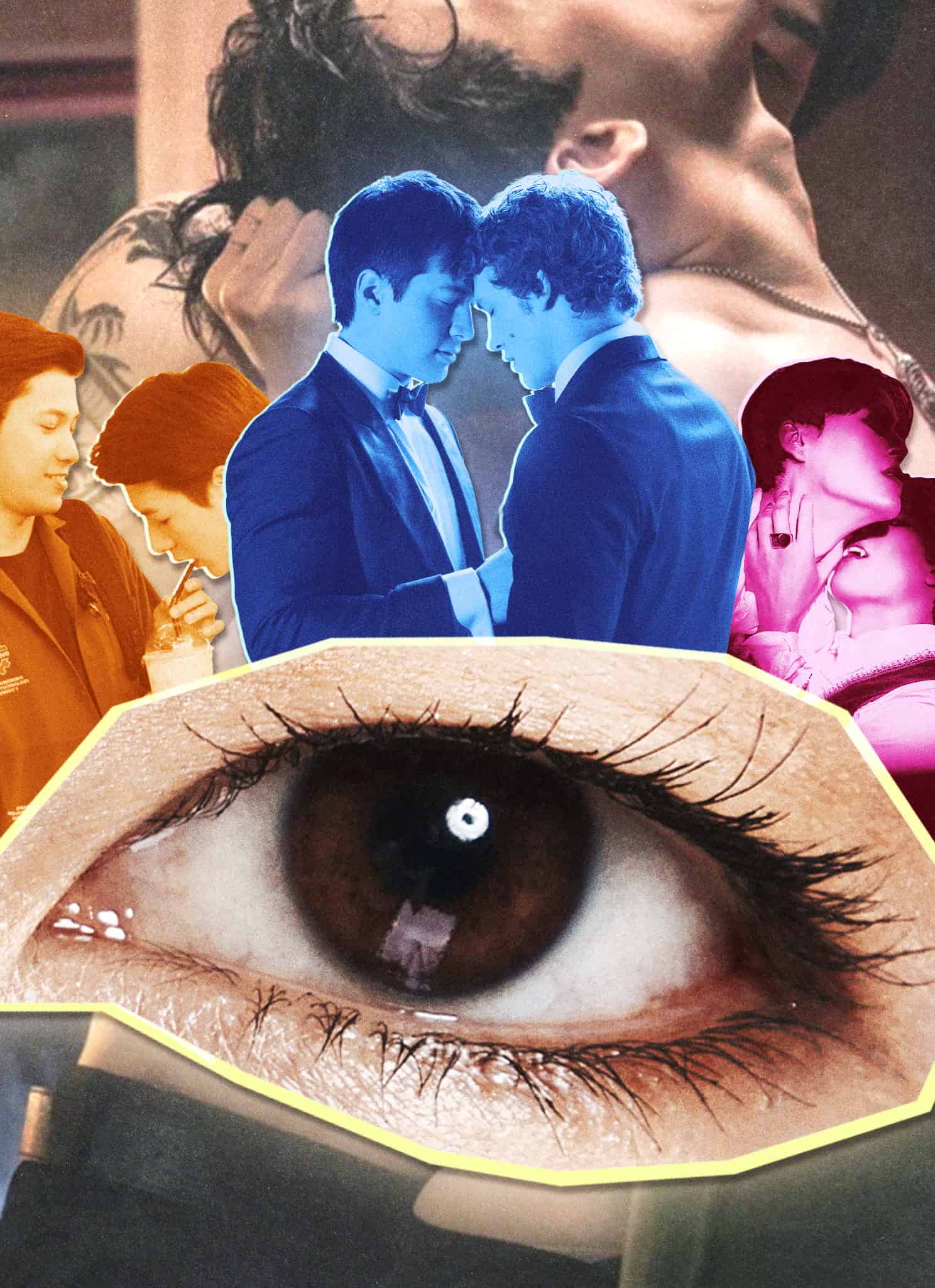 A close-up of a brown eye is centered, surrounded by tinted images of male couples in intimate or affectionate poses, with colors ranging from orange to blue and pink.