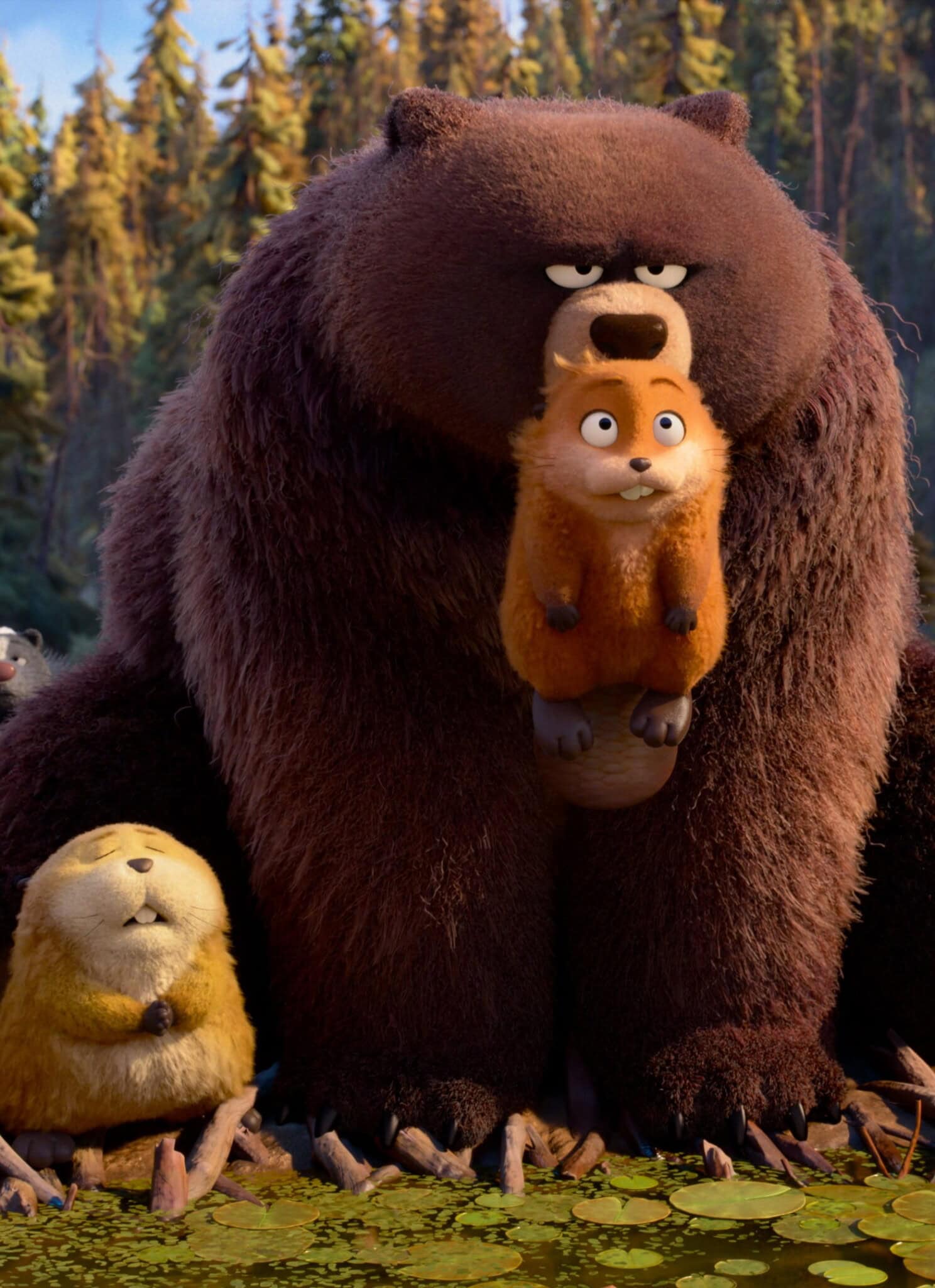 A large animated bear sits at the edge of a pond, holding a small, worried-looking beaver. Various animated forest animals, including deer, rabbits, turtles, and squirrels, gather around them in a forest setting.