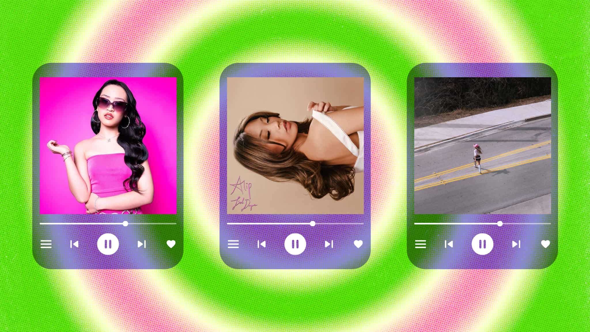 Three digital music player cards each show a different woman: one in pink with sunglasses on a bright pink background, one with long brown hair on a beige background, and one walking alone on a road, all on a neon green and pink background.