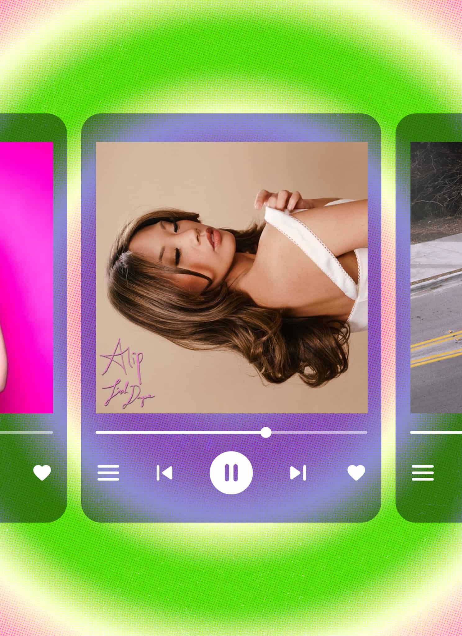 Three digital music player cards each show a different woman: one in pink with sunglasses on a bright pink background, one with long brown hair on a beige background, and one walking alone on a road, all on a neon green and pink background.