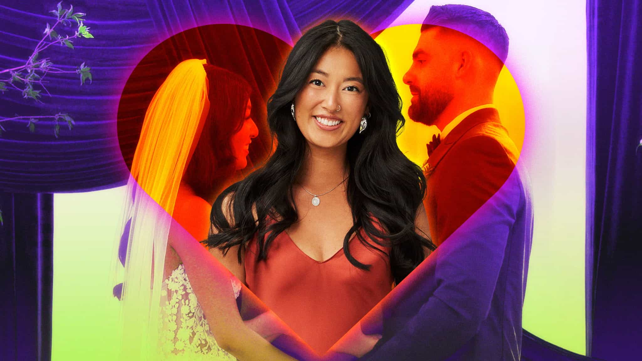 A smiling woman stands in the center of a heart shape, overlaid on an image of a bride and groom holding hands at their wedding ceremony in the background.