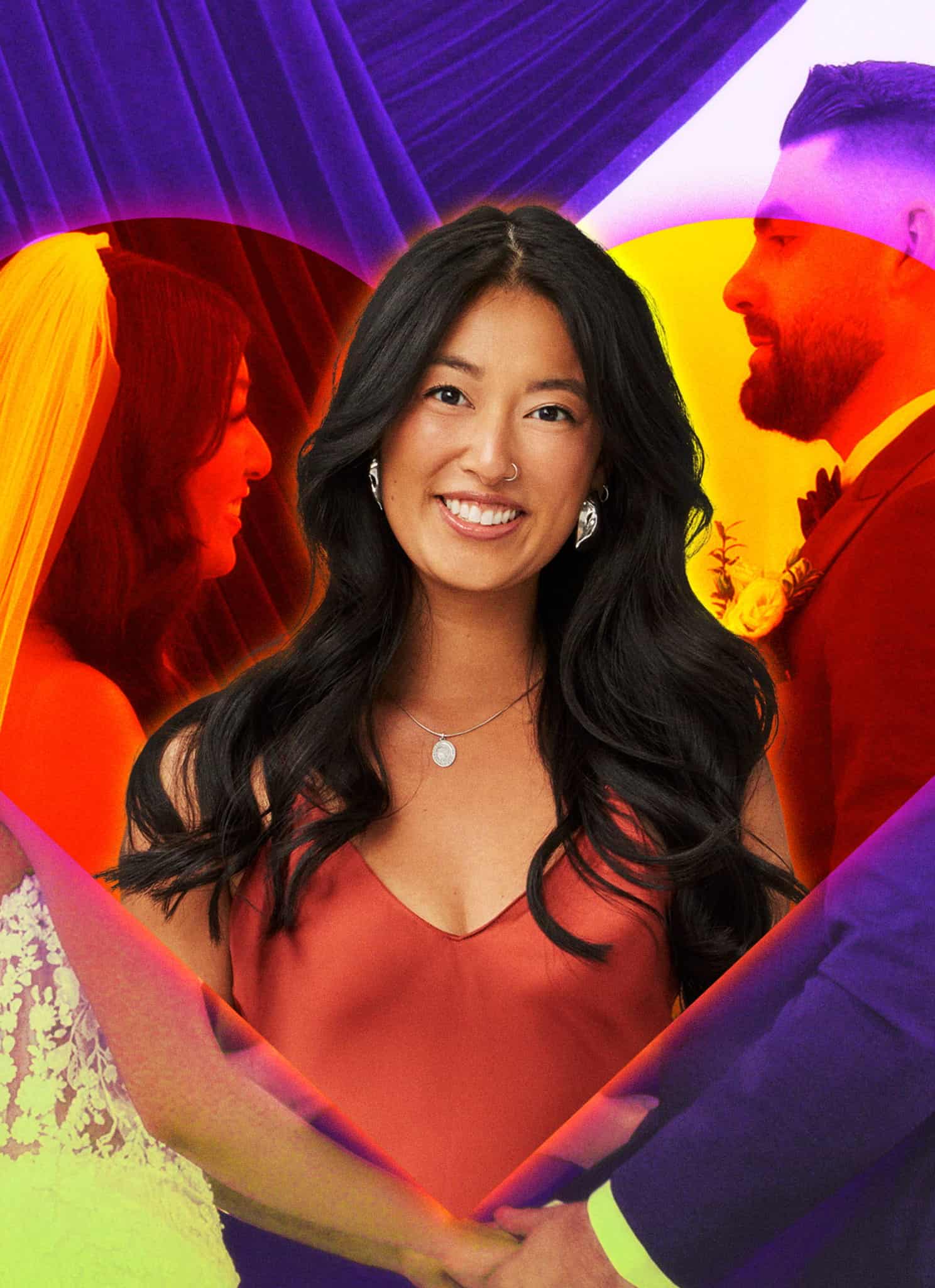 A smiling woman stands in the center of a heart shape, overlaid on an image of a bride and groom holding hands at their wedding ceremony in the background.