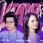 Promotional poster showing DJ Chen in headphones and glasses and Angie! with long hair, both over a neon cityscape backdrop. Text reads “APR 17,” “Catch One LA | 10P | 18+,” and event details for kpopclubnight.com.