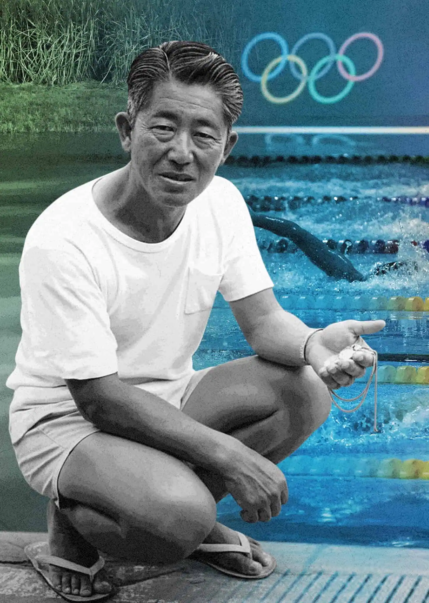 A man in a white t-shirt and shorts squats by a swimming pool, holding a stopwatch. Swimmers compete in lanes behind him, and Olympic rings are visible on a blue background above the pool.