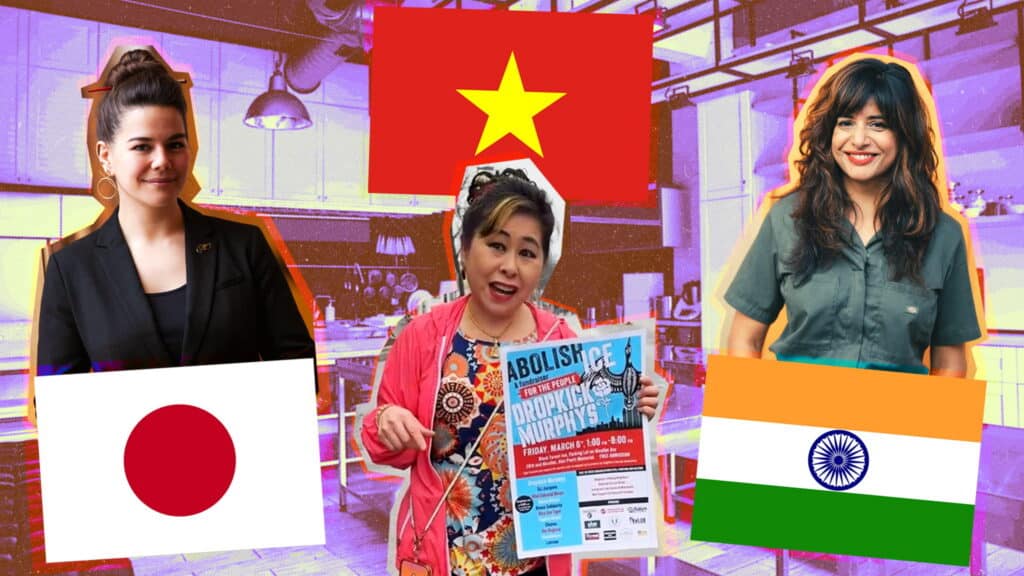 Three women stand in a colorful kitchen background, each next to a flag: Japan (left), Vietnam (center), and India (right). The woman in the middle holds a poster.