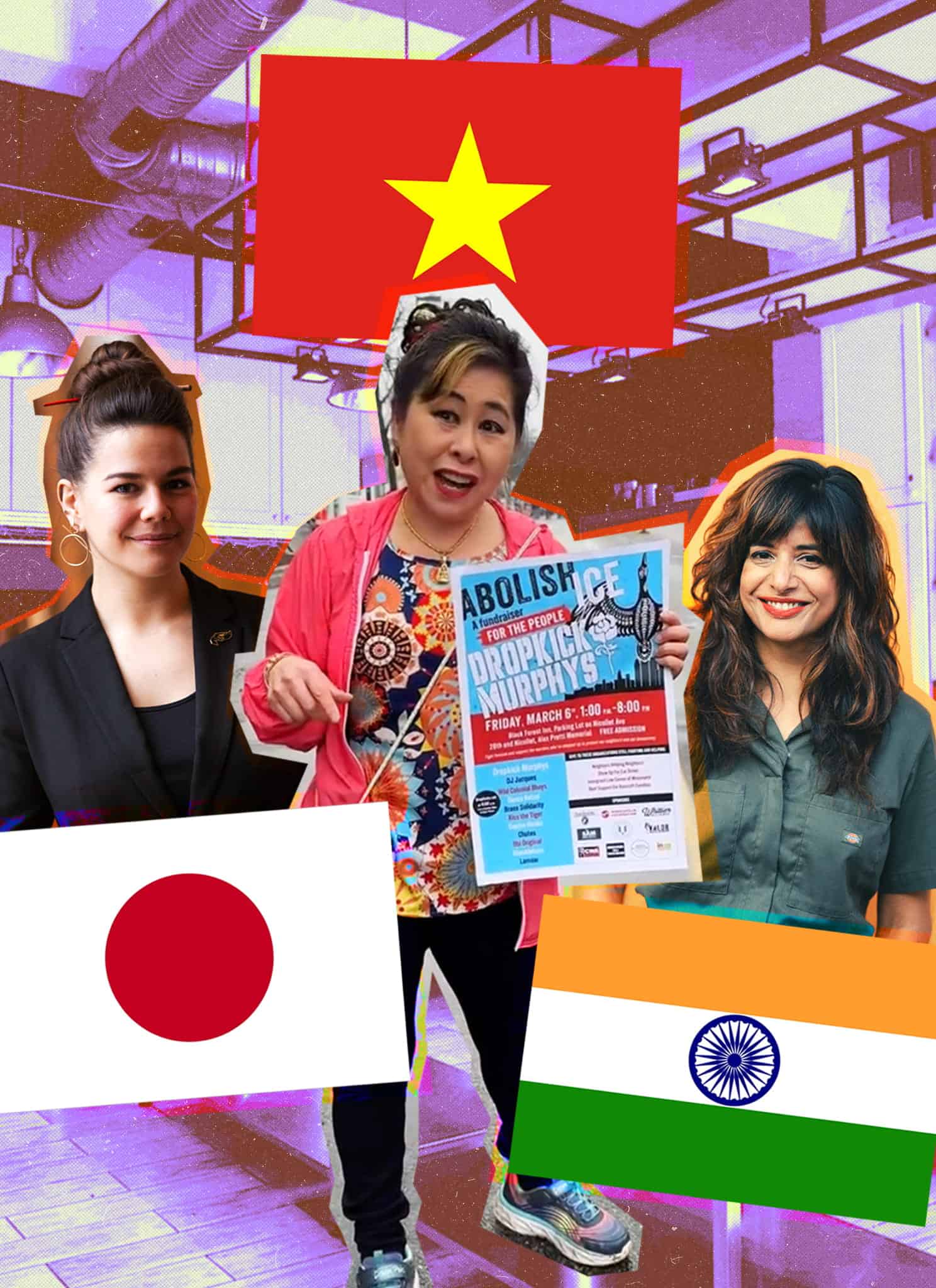 Three women stand in a colorful kitchen background, each next to a flag: Japan (left), Vietnam (center), and India (right). The woman in the middle holds a poster.